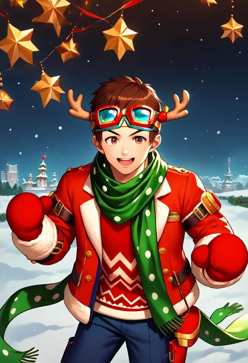 score_9, score_8_up, score_7_up, masterpiece, best quality, amazing quality, best aesthetic, ,absurdres, ((source_anime)), cute,shingo_xmas, brown hair, brown eyes, green scarf, googles on head, red jacket, blue pants, red sweater, reindeer antlers, red winter mittens, scarf<lora:EMS-369420-EMS:1.000000>