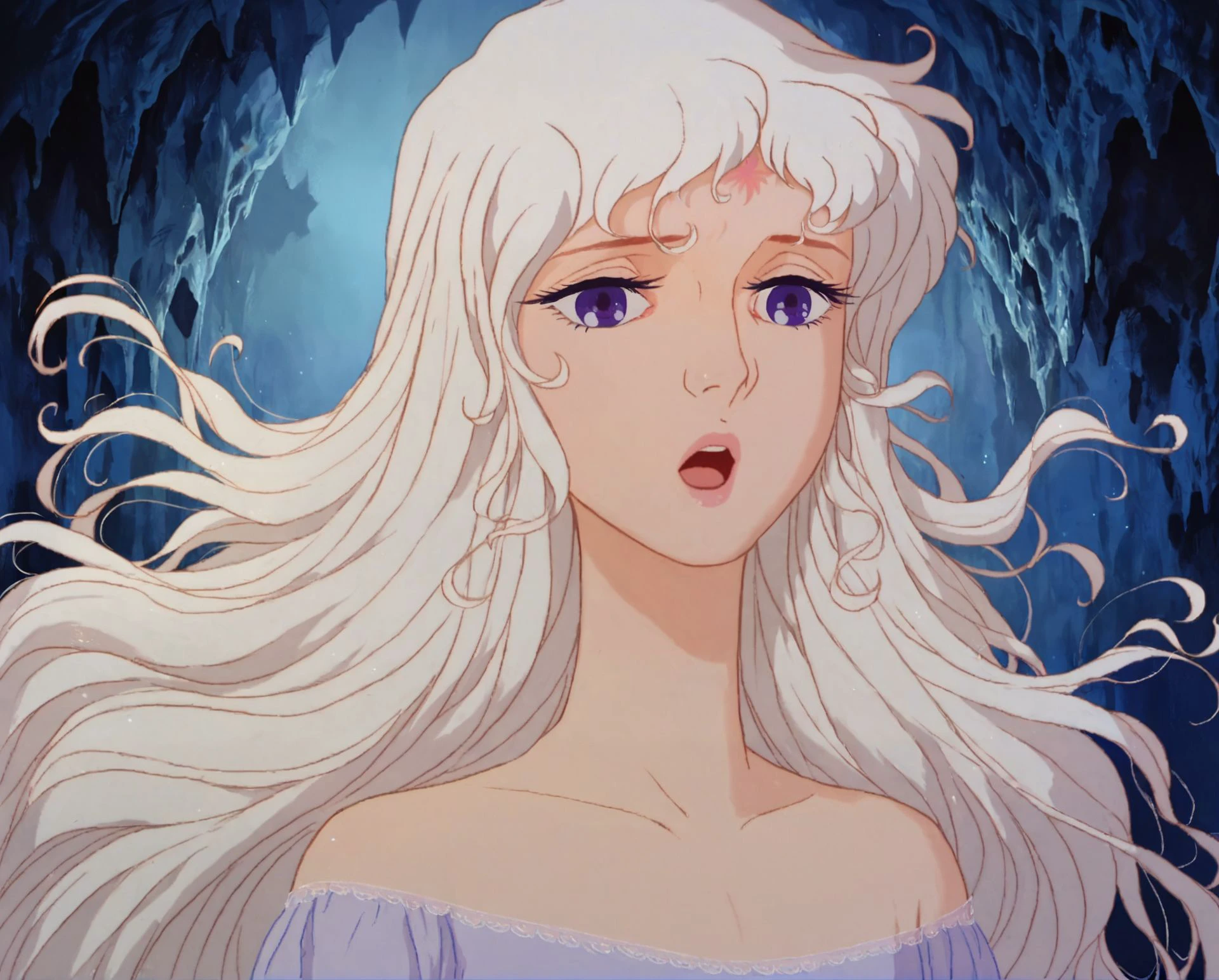 tlu_amalthea, 1girl, solo, long hair, looking at viewer, bangs, purple eyes, white hair, very long hair, purple eyes, upper body, white hair, cave, dark, blue theme, retro artstyle , small breasts, open mouth, <lora:tlu_amalthea_PNY:0.75>, score_9, score_8_up, score_7_up, score_6_up, score_5_up, score_4_up, ponypositive,