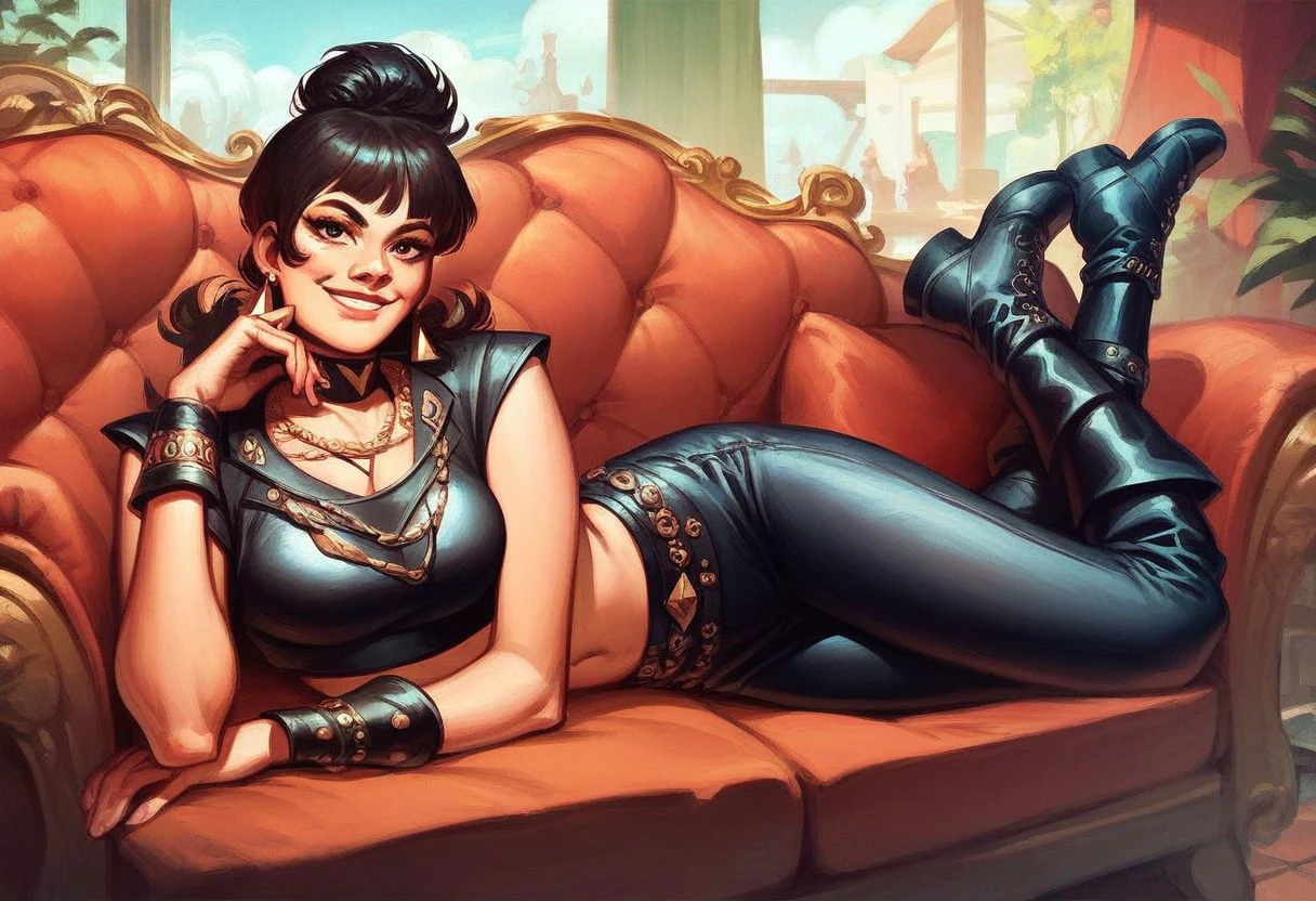 score_9_up, score_8_up, score_7_up, score_6_up, 1girl,  (Kitten_Mcgee) , jewelry, earrings, necklace, black leather crop top, boots, (painted art),, smile, lying on a red and gold sofa