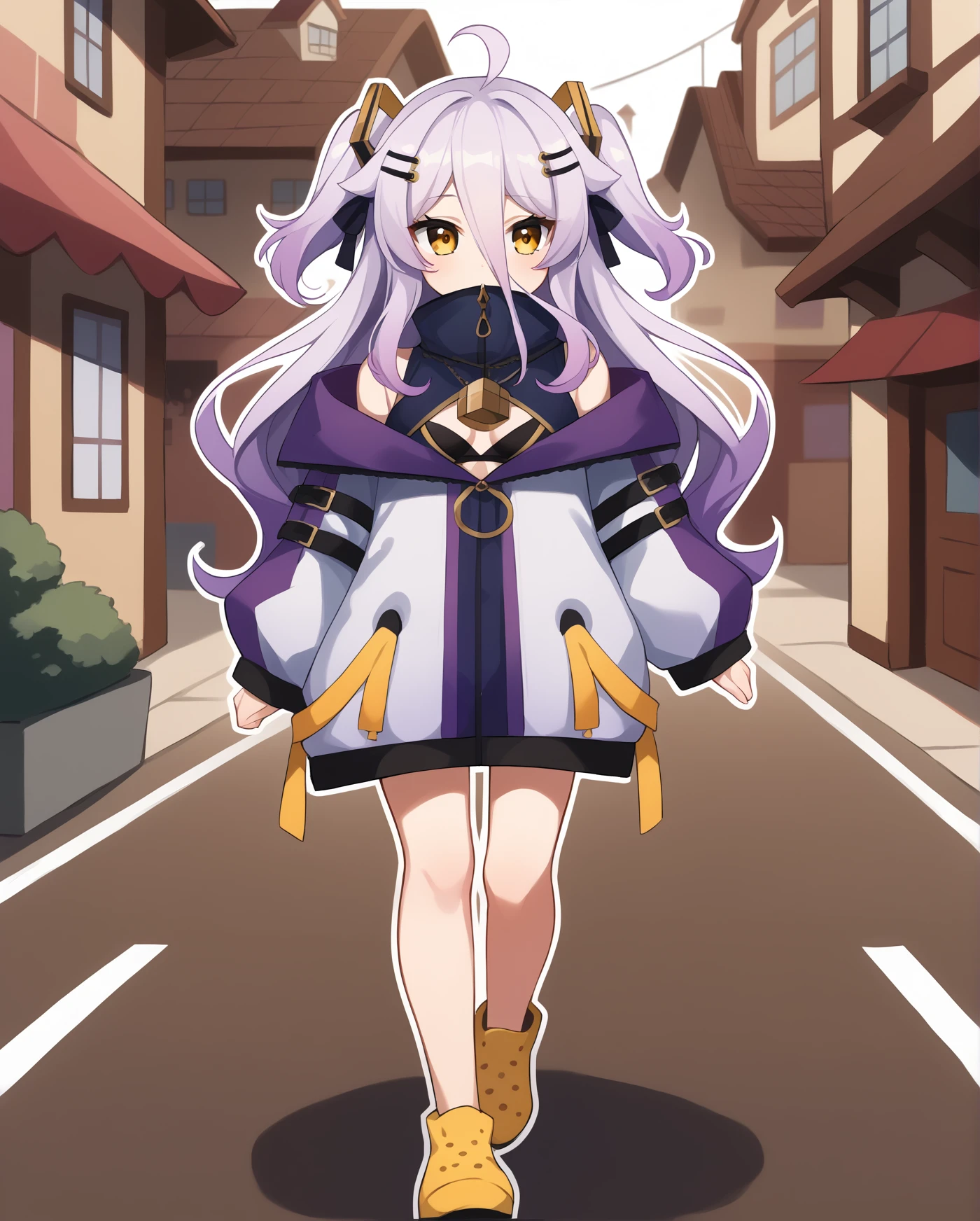 score_9, score_8_up, score_7_up, score_6_up, score_5_up, score_4_up, source_anime, (best quality, ultra detailed, absurdres, masterpiece:1.2), (ai-generated:0.6), color, (white outline:1.3), town, outdoors, <lora:henyathegeniusPonyXL:1>
BREAK
henya, 1girl, solo, long hair, bangs, hair ornament, long sleeves, ribbon, hair between eyes, very long hair, jacket, hair ribbon, yellow eyes, purple hair, ahoge, shoes, hairclip, puffy sleeves, two side up, sleeves past wrists, white jacket, puffy long sleeves, yellow footwear, walking,