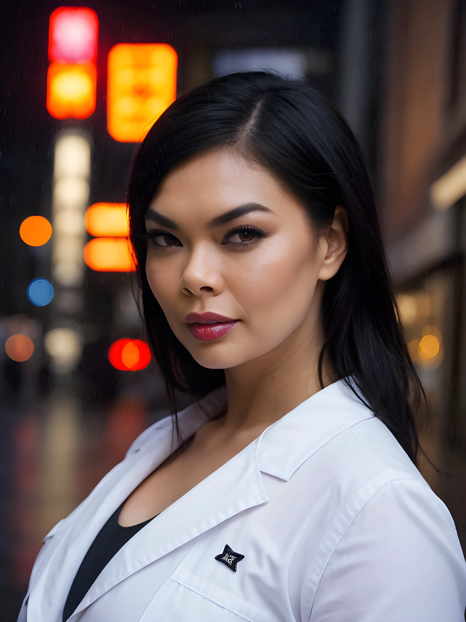 close-up photo of T3r4P4tr1ck_V1-Emb , wearing suit, white shirt, in the middle of a rainy city street at night, 8k uhd, high quality, dramatic, dramatic lighting, realistic , lifelike texture