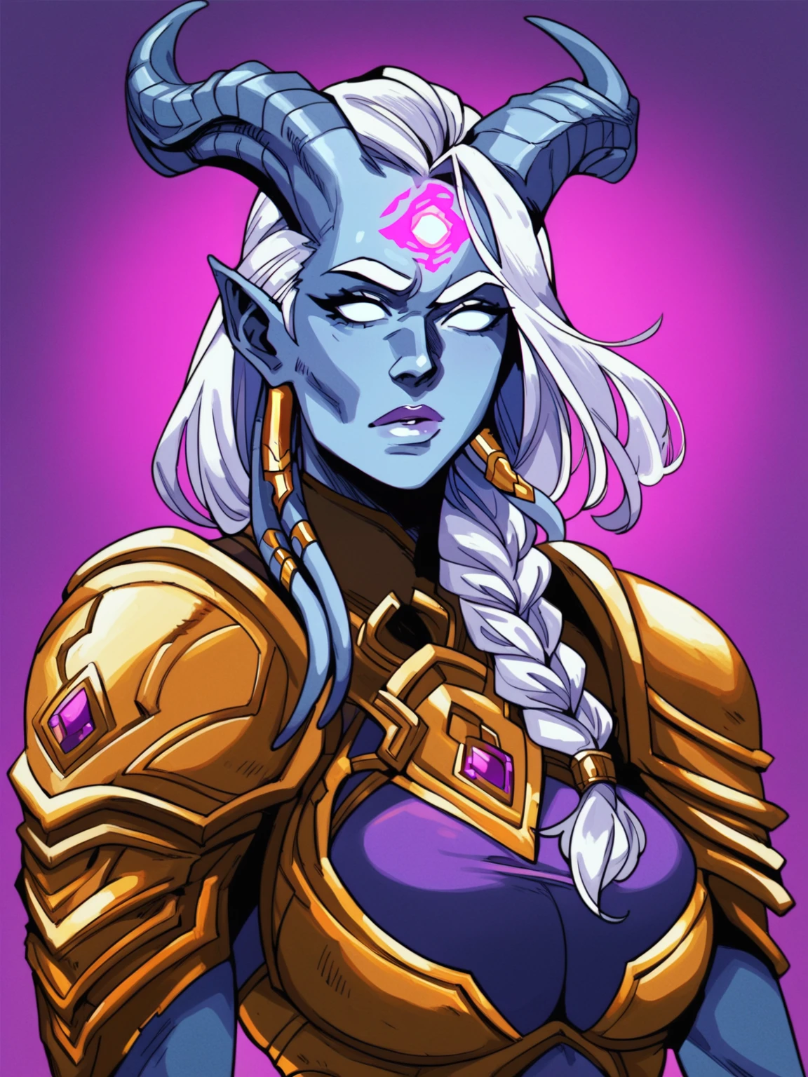score_8_up, score_7_up, portrait of beautiful lightforged draenei paladin girl, lips, long white hair, single braid, heavy armor with purple gems, big shoulder pads, grey skin, ornate horns, glowing rune on forehead, big breasts, fantasy, <lora:sxz-ahriman-smol-pdxl:0.8> ahriman style