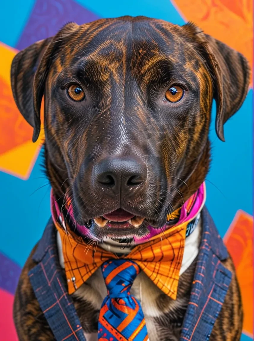 Pop art, close-up perspective, a Brown Catahoula wearing a business suit, portrayed against a vibrant background of bold, contrasting colors and graphic patterns, its expression filled with personality and charisma, radiating a sense of fun and playfulness, with dynamic shapes and energetic lines emphasizing the dog's unique features and lively spirit, rendered in a bold and dynamic style that celebrates the dog's individuality and charm <lora:Brown Catahoula Dog XL_epoch_3:1>  <lora:MJ52:0.5>  <lora:add-detail-xl:1>