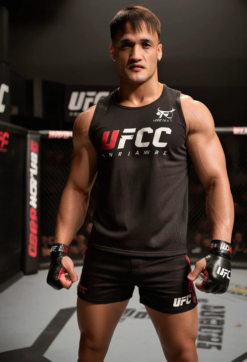 homoerotic photo of Charles Melton a man <lora:asim-riaz-Charles-Melton:1>, UFC fighting ring, cocky expression, as a UFC fighter, (black muscle shirt:1.4), Venum UFC shorts, ((full body portrait)), wide angle, ((masterpiece)), natural skin, natural body muscle definitions, adobe lightroom, photolab, intricate, highly detailed, sharp focus, insane details, intricate details, hyperdetailed, low contrast, soft cinematic light, exposure blend, dim colors, dim light, Award - winning, with Kodak Portra 800, a Hasselblad 500 ,55mm f/ 1.9 lens, extreme depth of field, available light, high contrast, Ultra HD, HDR, DTM, 8K,