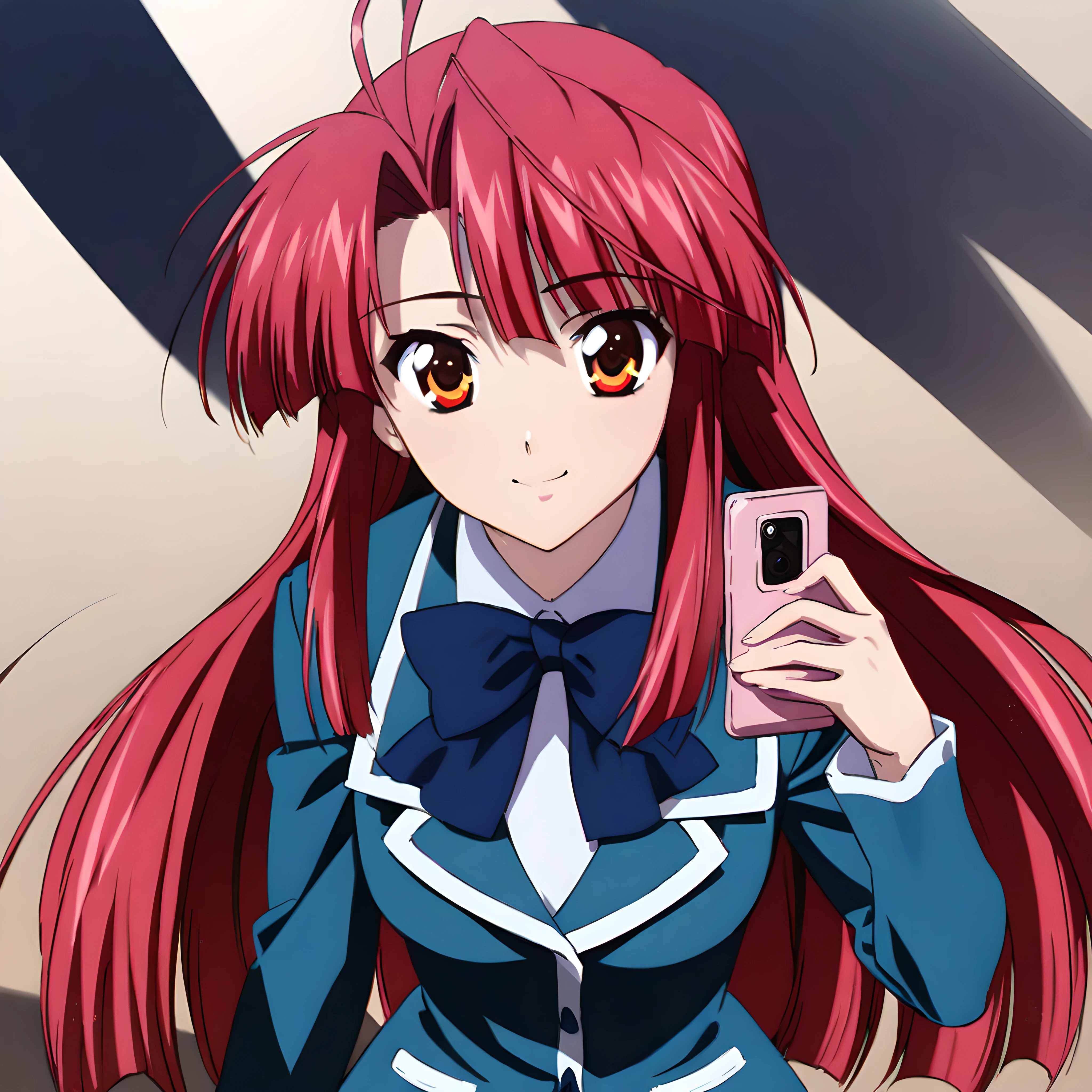 (masterpiece),(best quality),(ultra-detailed),(best illustration),(best shadow),(absurdres),(detailed background),(very aesthetic),ayano kannagi, 1girl, solo, phone, long hair, cellphone, school uniform, red hair, ahoge, smile, bow, schooluni<lora:ayanokannagi-40:1>
