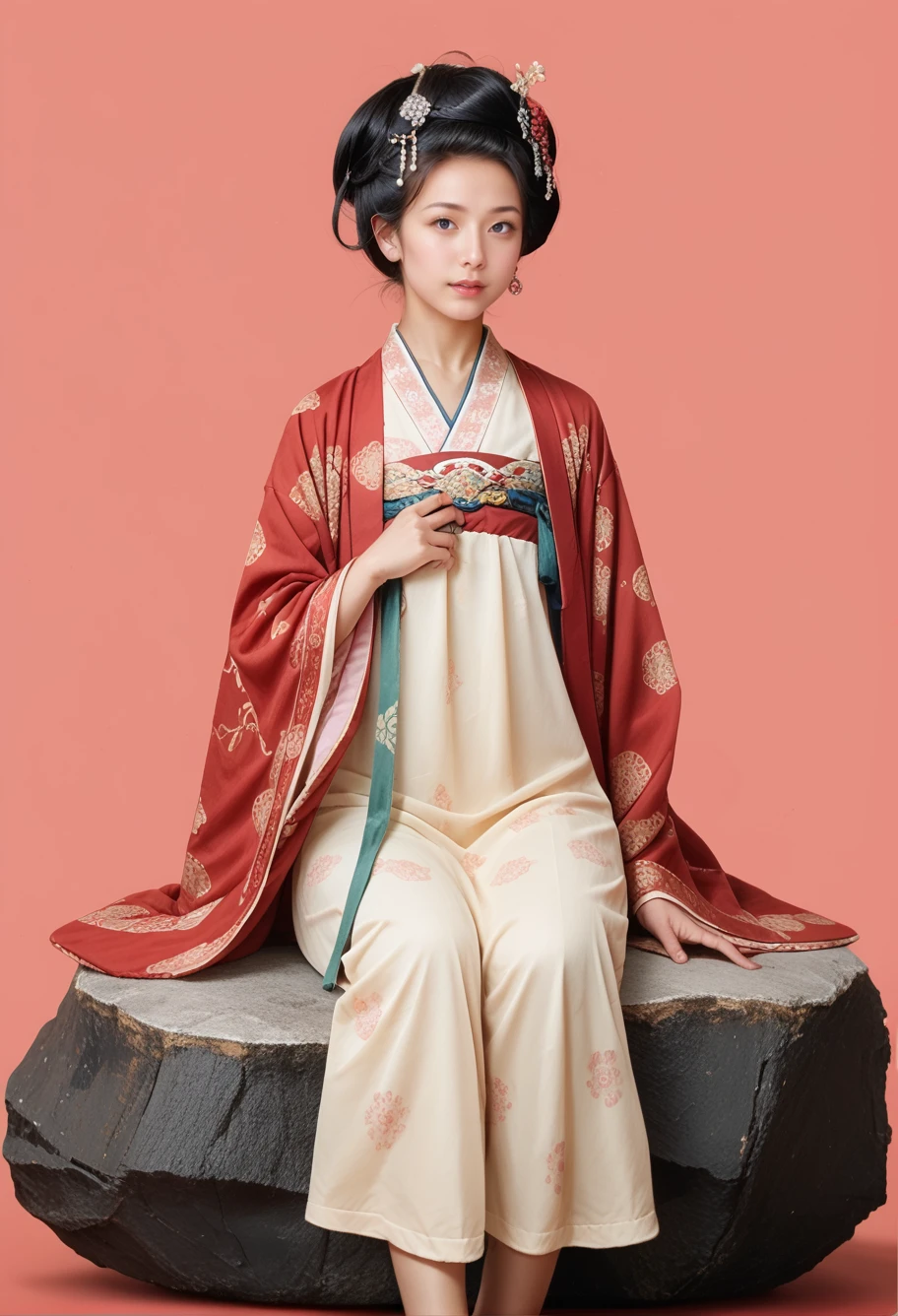 score_9,score_8_up,score_7_up,
black hair,1girl,solo,(red background),sitting on rock,cowboy shot,,ruanyi0521,hanfu,robe,wide sleeves,shawl,<lora:0521 Chang'an Yimeng_v1_pony:0.9>