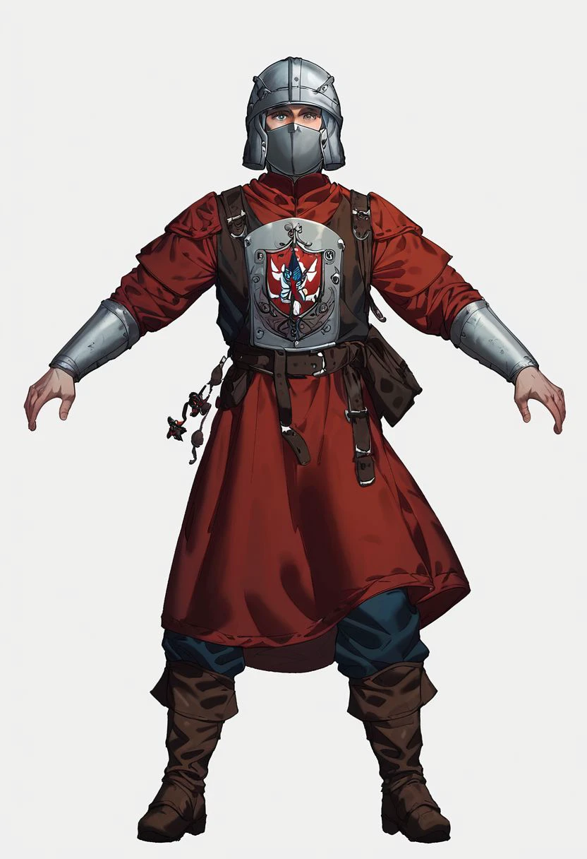 score_9, score_8_up, score_8_up, a medieval knight. The character is wearing a silver helmet with a faceguard, a red tunic adorned with various emblems and designs, blue armor on the upper body, and brown boots, full body , apocalyptic horror, white background