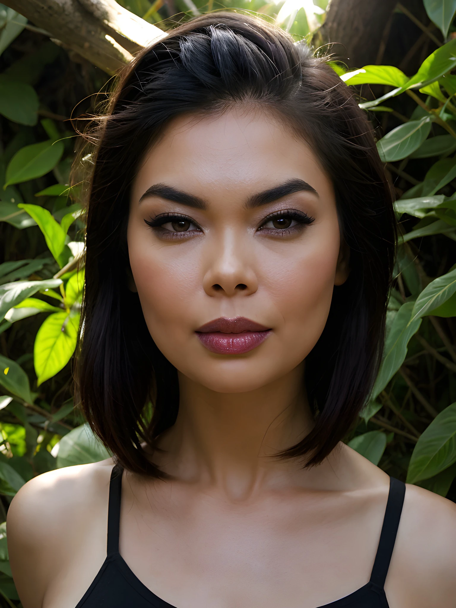 close-up photo of T3r4P4tr1ck_V1-Emb , wearing casuals, in the middle of a jungle, 8k uhd, high quality, dramatic, dramatic lighting, realistic , lifelike texture