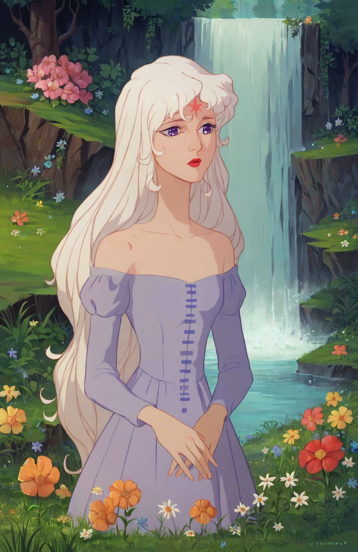 <lora:tlu_amalthea_PNY:0.75> 1girl, white hair, long hair, forehead mark, purple eyes, small breasts, dress, long sleeve, bare shoulders, red lips, retro artstyle, forest, flowers, grass, waterfall, score_9, score_8_up, score_7_up, score_6_up, score_5_up, score_4_up, ponypositive,