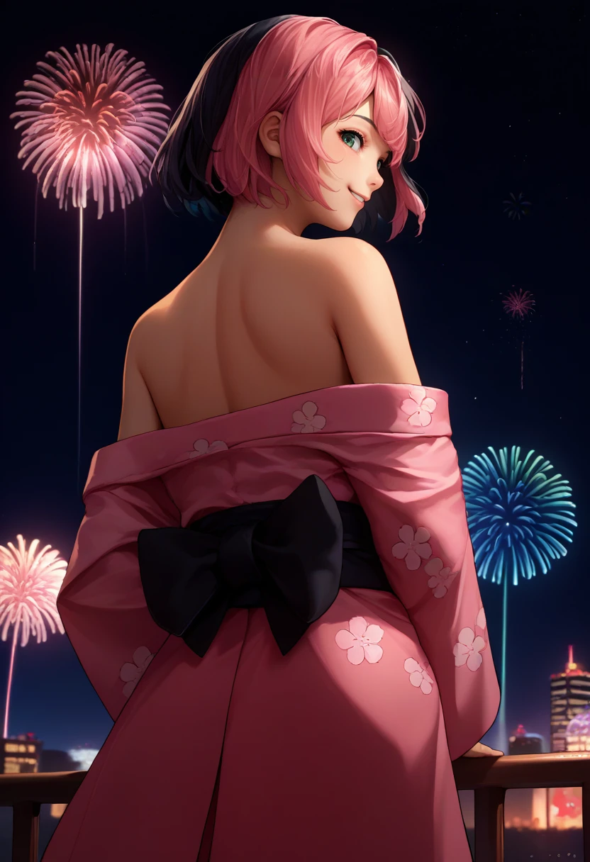 score_9, score_8_up, score_7_up, source_anime, from behind, solo, 1girl, osupippi, happy, looking back, two-tone hair, pink hair, black hair, pink kimono, floral print, off shoulder, black sash, bare shoulders, fireworks <lora:osu_pippi_ponyXL:1>