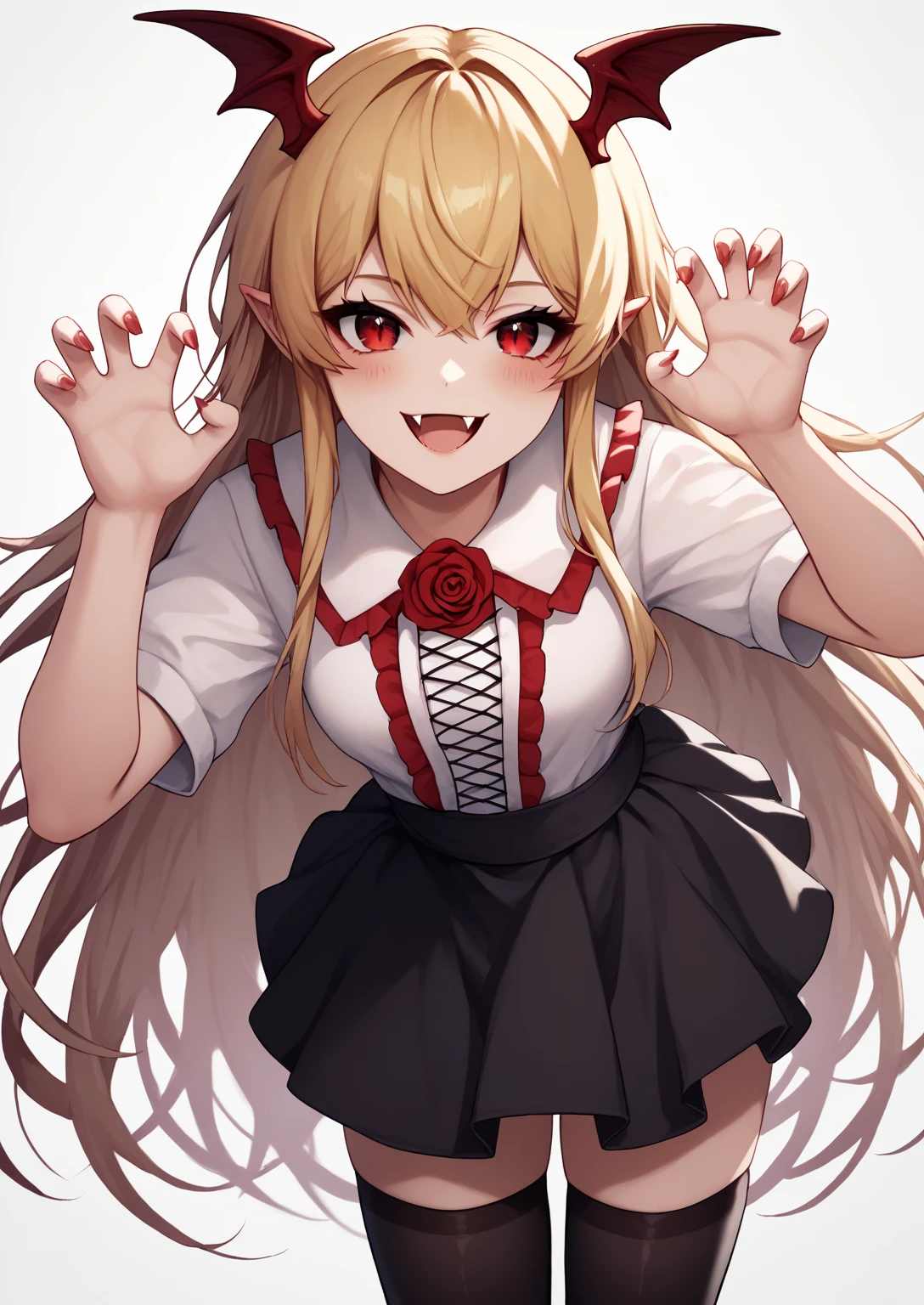 masterpiece,sincos,(,partially colored),flat color,
(1girl,golden hair,red eyes,fang out,cross-laced dress,see through,sweat,smile,wet,lovely,claw pose, classroom),