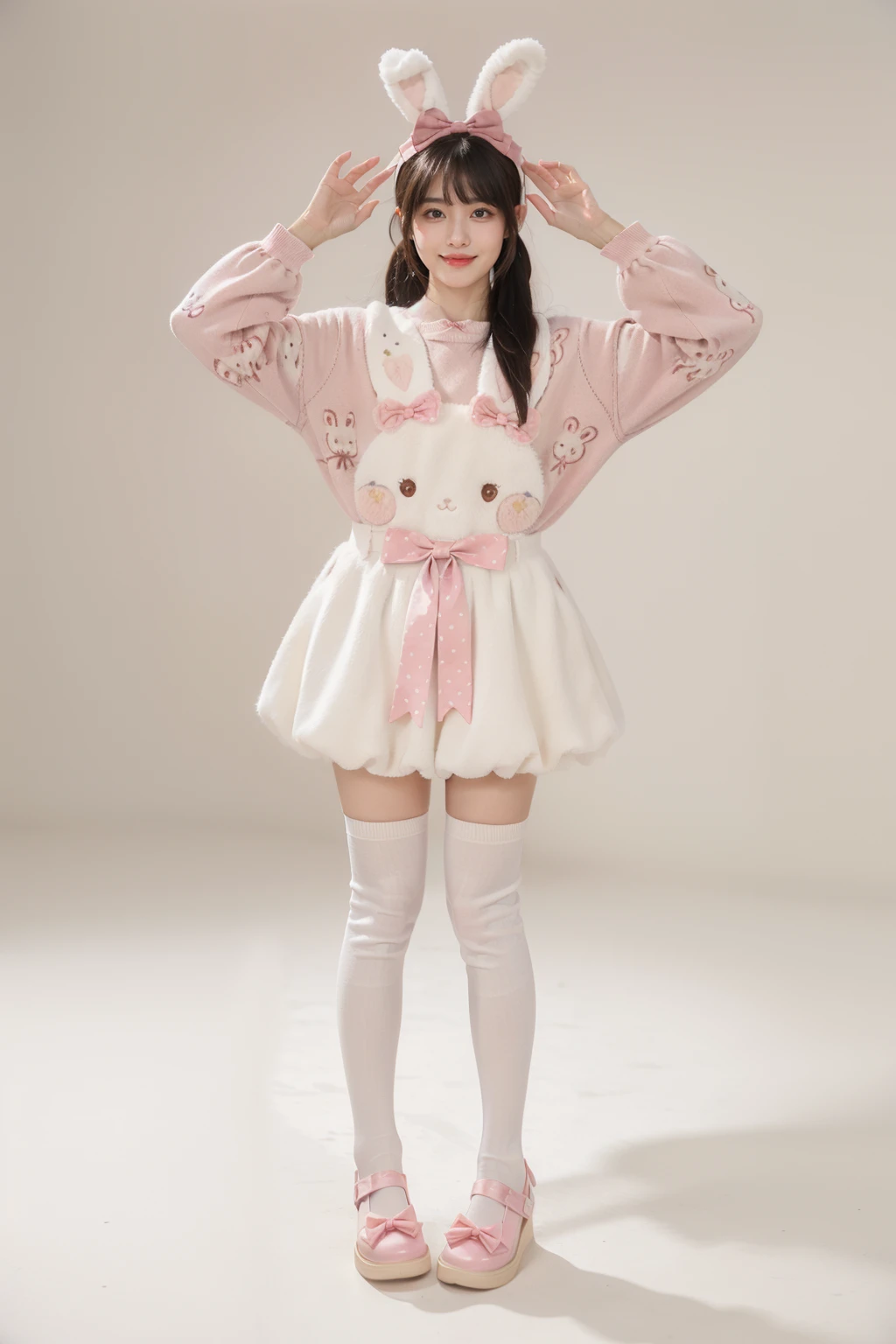 best quality,masterpiece,realistic,photorealistic,1girl,solo,looking at viewer,smile,standing,twintails,black hair,long hair,dynamic pose,full body,cyb dress,rabbit dress,white dress,rabbit skirt,shirt,animal print shirt,long sleeves,bow,pink bow,rabbit print,(white kneehighs:1.4),shoes,simple grey background,<lora:cute_attire_style3_v1:0.7>,