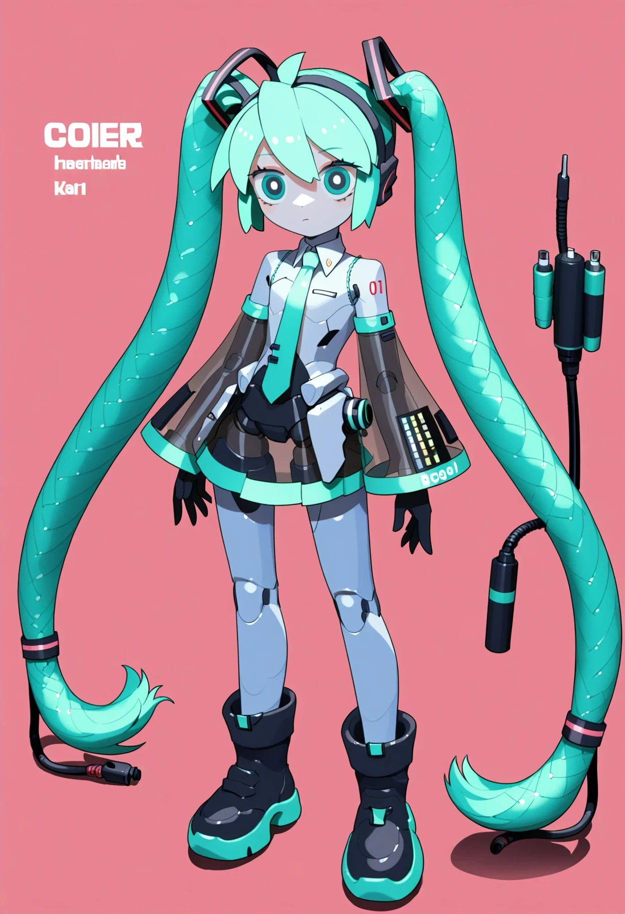 score_8_up,score_7_up,lvzi,best quality,amazing quality,very aesthetic,absurdres,simple_background, solo, white_background,1girl, looking_at_viewer, full_body, standing, closed_mouth, long_hair, skirt, android, necktie, boots, robot_joints, joints, very_long_hair, twintails, hatsune_miku, detached_sleeves, black_footwear, shoes, robot_girl, green_eyes, green_hair, mechanization, see-through, multicolored_hair, see-through_sleeves, arms_at_sides, straight-on, cable, expressionless, mechanical_parts, english_text, <lora:lvziXL:0.8>