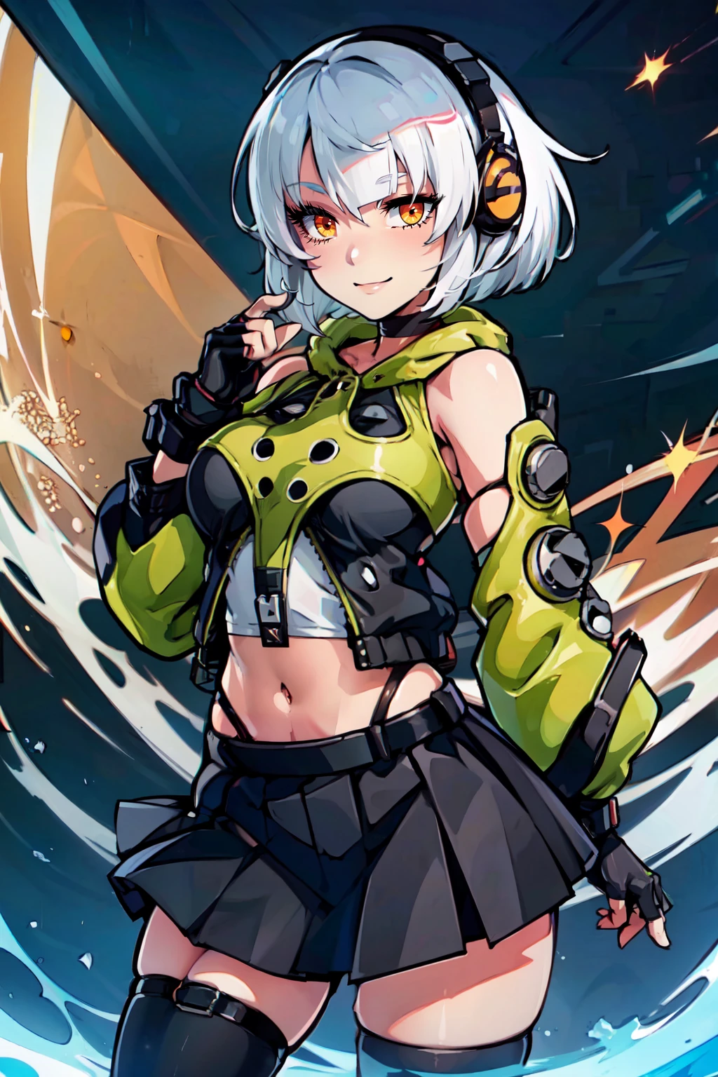 ((masterpiece,best quality)), absurdres, <lora:anby_demara:0.7>,  curvy, medium breasts, wide hips,   anby demara, orange eyes, short hair, white hair, bare shoulders, black gloves, black skirt, black thighhighs, fingerless gloves, gloves, green jacket, headphones, jacket, navel, skirt, stomach, thighhighs,  solo, smile, looking at viewer, cowboy shot,