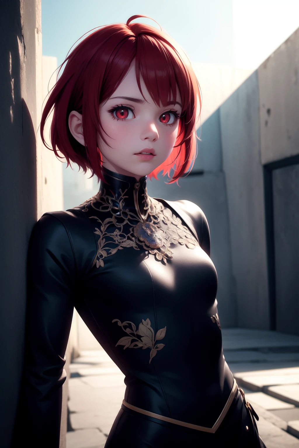 1 beautiful girl, details red eyes, short red hair, cool pose, concrete wall, slim body, small breasts, rays of sunshine, photorealisim, cinematic, (masterpiece:1.2), (best quality:1.2), newest, ai-generated, ultra-detailed, best shadow, detailed background, high contrast, (best illumination, an extremely delicate and beautiful), ((cinematic light)), hyper detail, dramatic light, intricate details, 8k, anime, very aesthetic, vibrant color,
