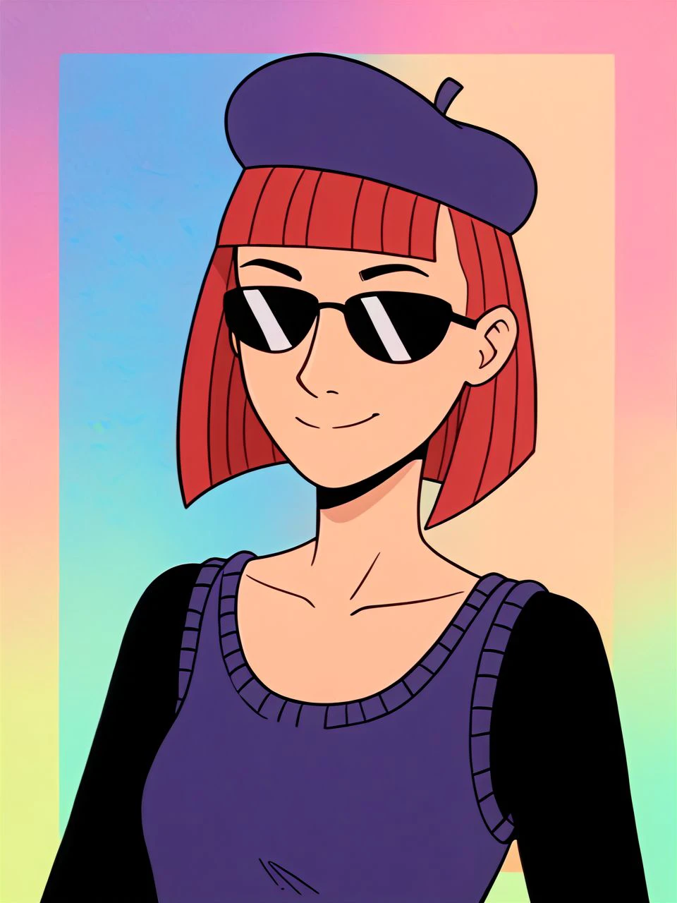 score_9,score_8_up,score_7_up,score_6_up,score_5_up,score_4_up, BREAK
tan-skinned female, red hair, blunt bangs, shaved sideburns, purple beret, sunglasses
sweater dress sleeveless, black bodysuit long sleeves, collarbone
seated pose, (upper body:1.1), warm slight smile, closed mouth, looking at viewer, (arms to side:1.1)
(portrait studio, colorful abstract background, textured portrait backdrop:1.1)
<lora:judyTV_PDXL:1> judyTV