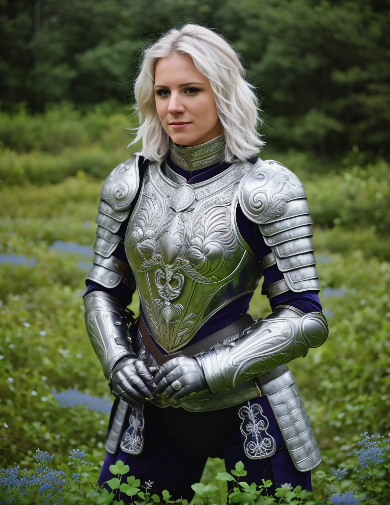 RAW photo, subject, 8k uhd, dslr,  high quality, film grain, Fujifilm XT3, professional photo, (detailed skin:1.3), high quality,   <lora:Ornamental_Armor:0.7> , ornamental armor, metal armor, ornamental breastplate, woman, white hair, ornamental gauntlets, medium hair, ornamental wings, sunlight, reflective armor, hills, roman nose, hawk nose, beautiful woman, purple eyes, dark armor, straight hair, rock flower field, blue flowers, kneeling, clover,