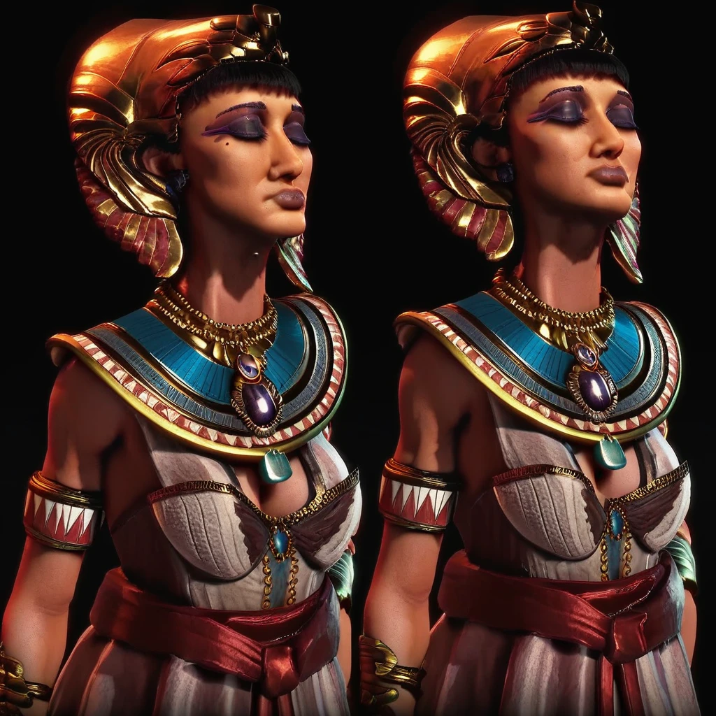 necklace, upper body, mole, dress, cleopatra, medium breasts, jewelry, cleavage, makeup, jewelery, breasts, 3d, closed eyes, headdress, dark-skinned female, black background