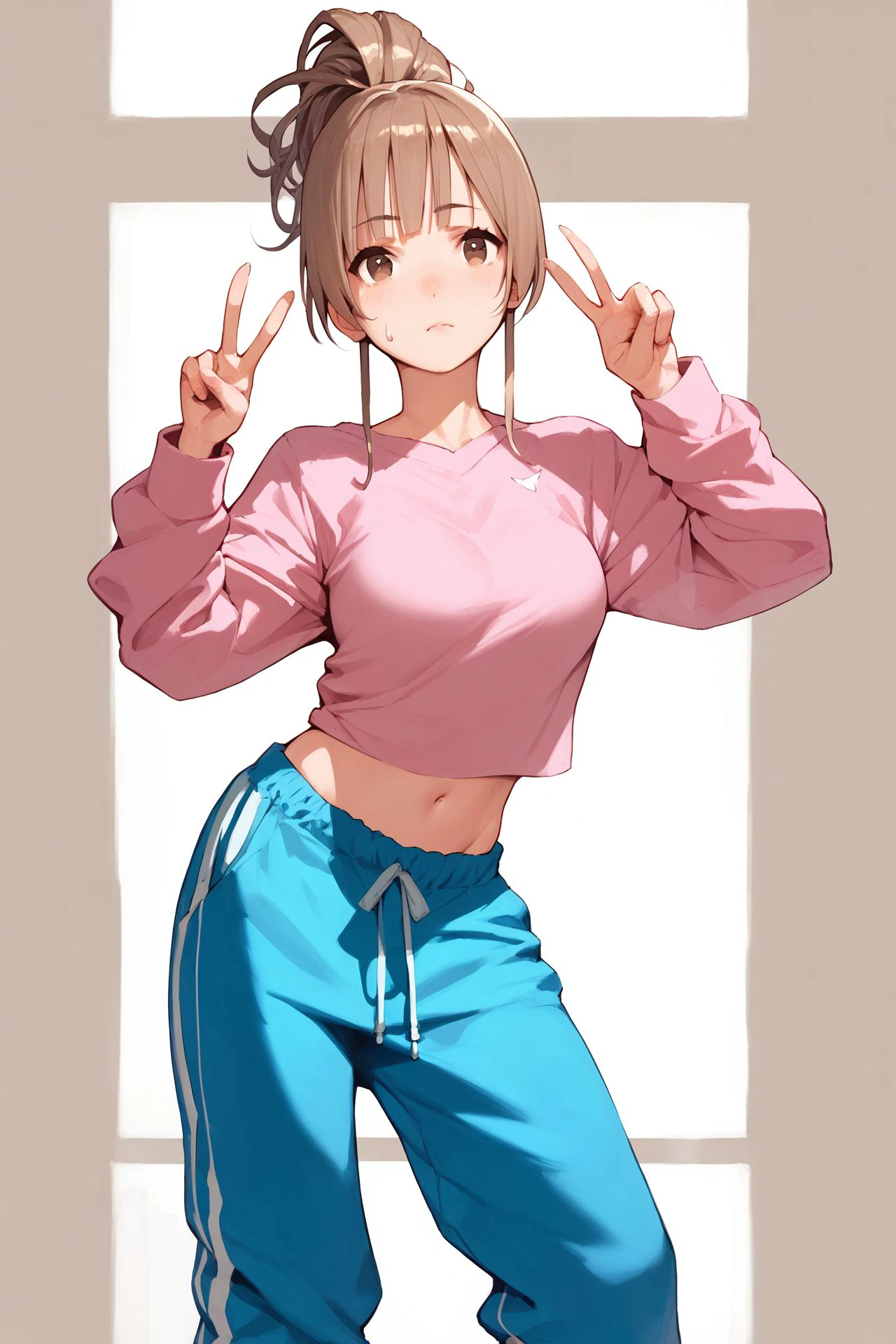 score_9, score_8_up, score_7_up, 1girl, puzzled, double_v, light_brown hair, short_bangs, half_updo, light_brown eyes, medium breasts, sweatpants, beautiful background <lora:Haruno_Shuu_PonyXL_style_v01:1>