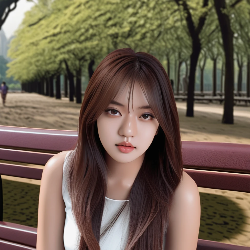 sze, 1girl, best quality, photorealistic, 8k, high res, full color, 20 years old woman, (closed mouth:1.2), (skindentation), (portrait:0.6), tree, park bench, daylight, (park background:1.2), full color, ((white dress:1.2)), detailed eyes, detailed iris, beautiful expression, looking at viewer:1.3, (1girl eyes looking at viewer:1.3), (medium-length hair, beautiful hair, (bokeh), highres