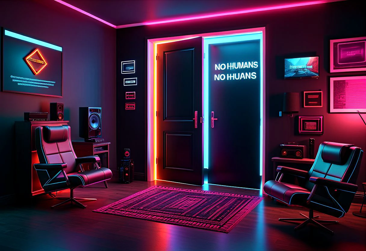 nxzskzt, no humans, television, door, english text, indoors, scenery, speaker, chair, neon, 3d, isometric view, octane render, neon lighting, isometric miniature, 3d scene, cinematic lighting, extremely detailed, ultra HD, desktop wallpaper, 128k, neon theme, masterpiece, best quality