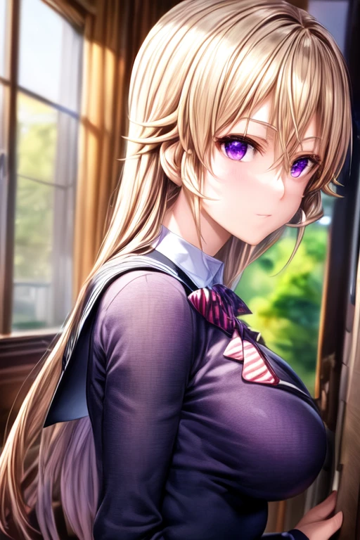 (masterpiece:1.2), best quality, high resolution, unity 8k wallpaper, (illustration:0.8), (beautiful detailed face:1.2, beautiful detailed eyes:1.2), perfect lighting, extremely detailed CG, (perfect hands, perfect anatomy), 
Cute, beautiful, charming lady, shiny hair, lustrous skin, beautiful light big eyes, 
milf, married woman, soft With a gentle appearance and a gentle mother-like atmosphere,
Feminine style, beautiful kubire, beautiful, naughty face,
<lora:èå ãããª Erina Nakiri (Food Wars!):0.7>, erina_a, blonde hair, long hair, large breasts, hair between eyes, red ribbon tie, school uniform, tootsuki school uniform, skirt, plaid skirt, thighhighs, black thighhighs, , <lora:add_detail:1.0>