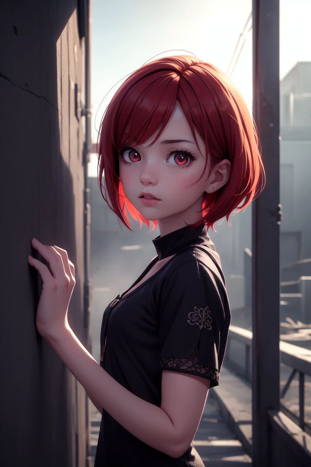 1 beautiful girl, details red eyes, short red hair, cool pose, concrete wall, slim body, small breasts, rays of sunshine, photorealisim, cinematic, (masterpiece:1.2), (best quality:1.2), newest, ai-generated, ultra-detailed, best shadow, detailed background, high contrast, (best illumination, an extremely delicate and beautiful), ((cinematic light)), hyper detail, dramatic light, intricate details, 8k, anime, very aesthetic, vibrant color,