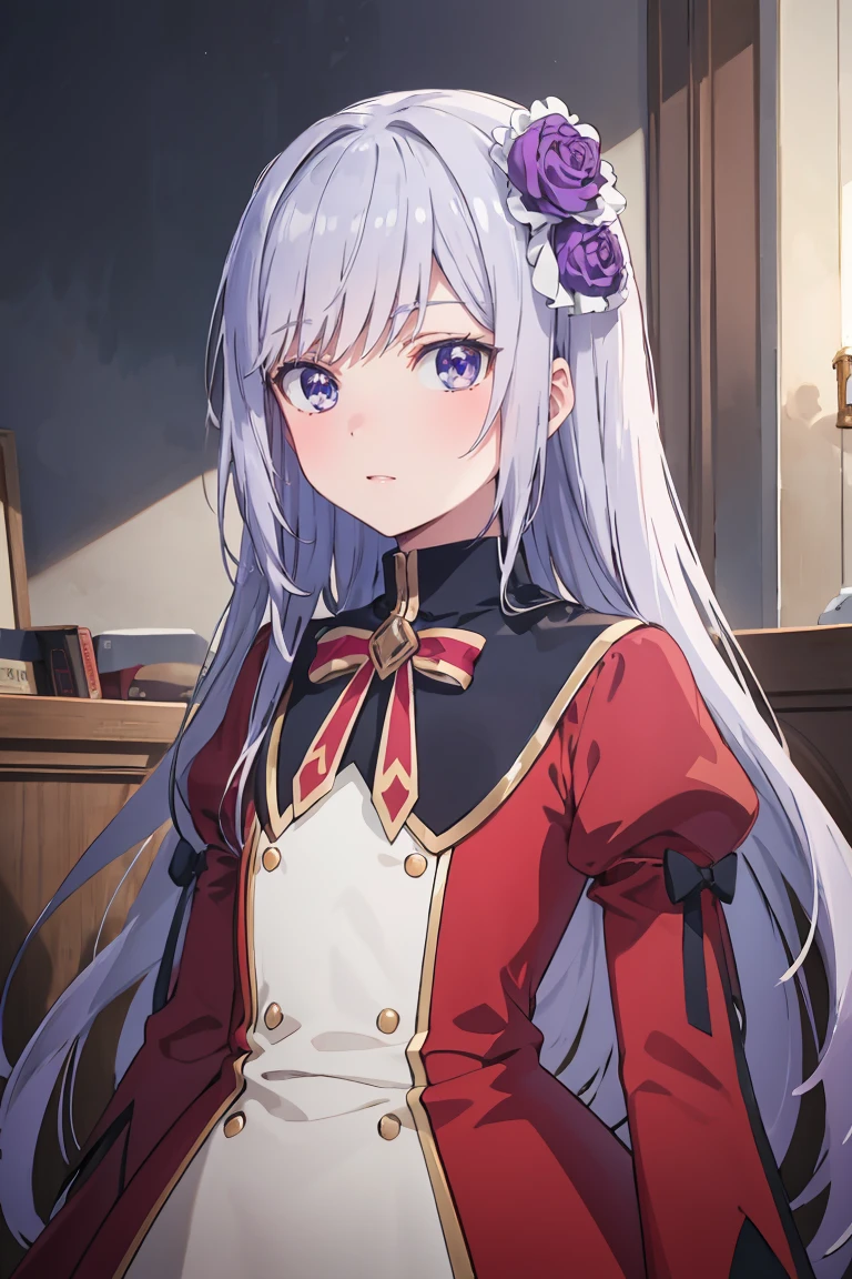 masterpiece, best quality, ultra-detailed, glistening shiny, glowing light, ray tracing, HDR, deph of field, (perfect face, detailed face), <lora:ChristinaBeltrum:0.7>, christinabeltrum, long hair, flower hair ornament, red dress, black collar, puffy sleeves, long sleeves, red bowtie, standing