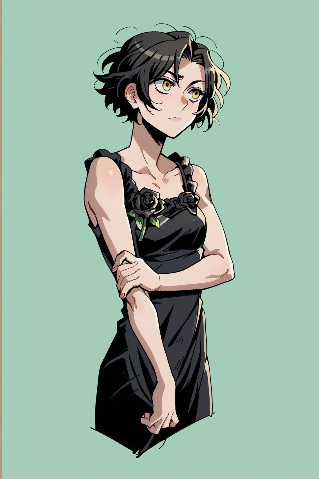 1girl, chane_laforet, chanedress, sleeveless, black dress, black rose, short hair, yellow eyes <lora:Chane Laforet Pony XL-000003:0.9>, <lora:hou_jae04 style:1>, score_9, score_8_up, score_7_up,