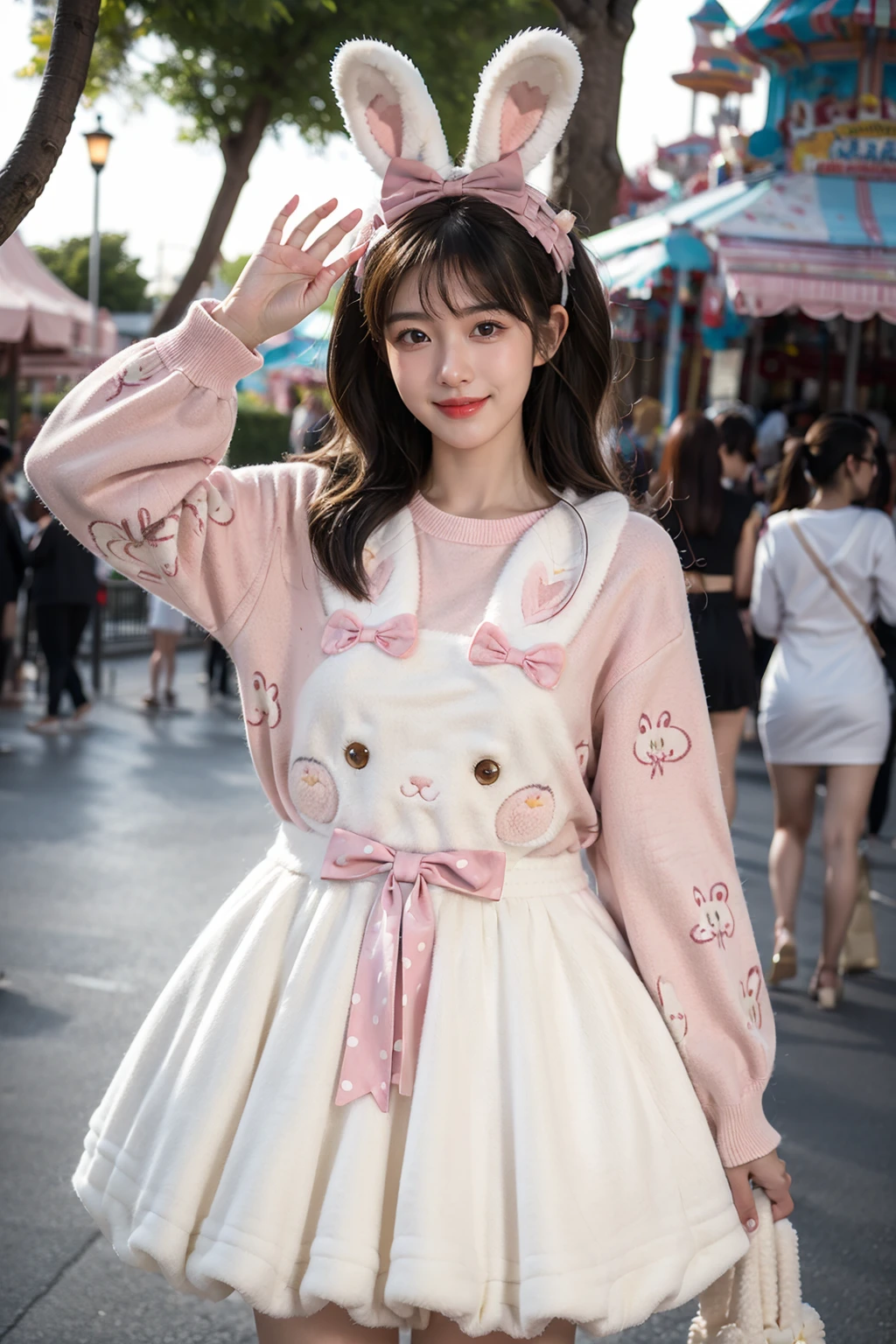 best quality,masterpiece,realistic,photorealistic,1girl,solo,looking at viewer,smile,standing,black hair,long hair,dynamic pose,cowboy shot,cyb dress,rabbit dress,white dress,rabbit skirt,shirt,animal print shirt,long sleeves,bow,pink bow,rabbit ears,rabbit print,amusement park,people,detailed background,<lora:cute_attire_style3_v1:0.7>,<lora:Background_Detail_v3:1.5>,