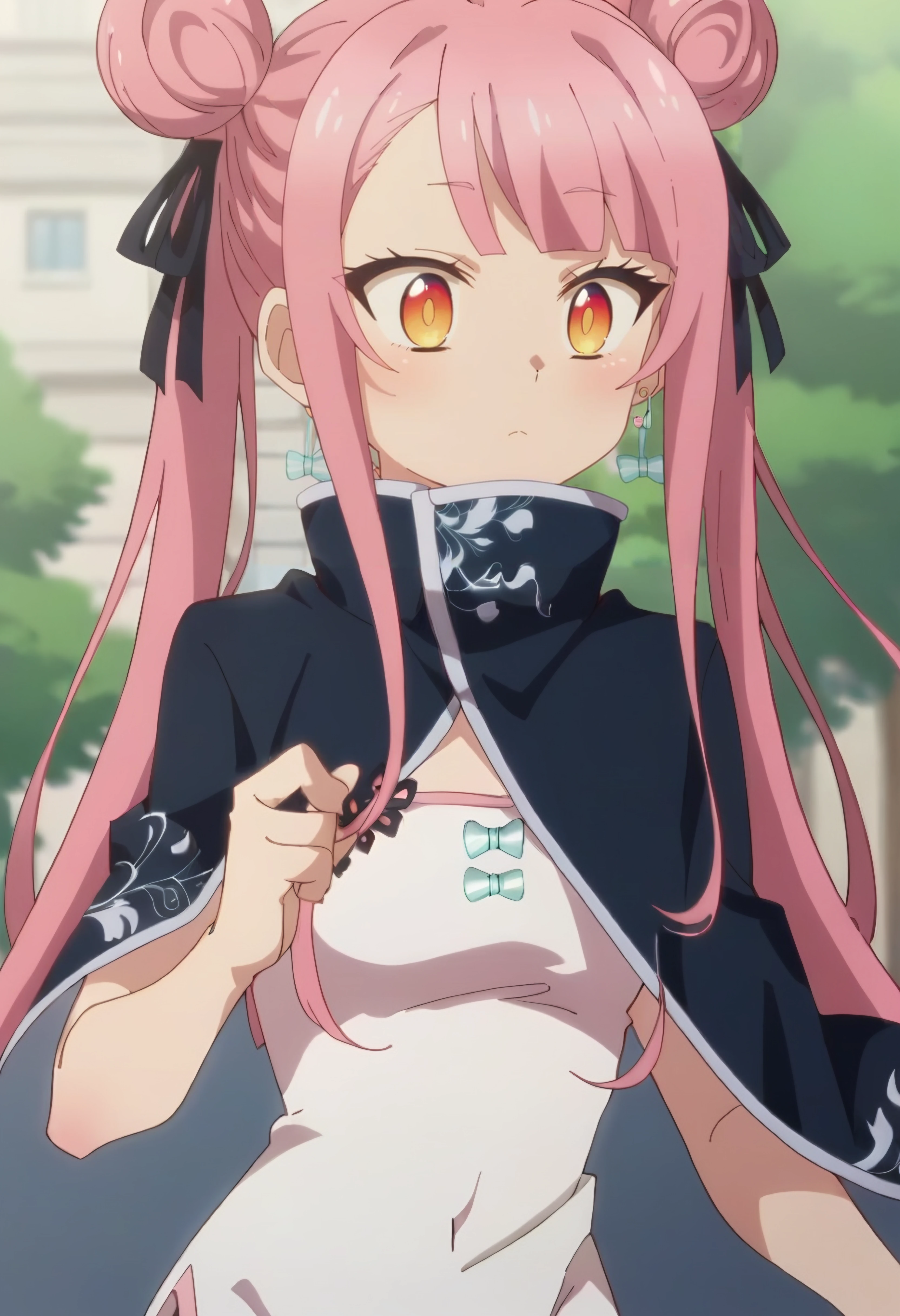 <lora:Tao:1> tao, long_hair, pink_hair, 1girl, double_bun, bangs, solo, twintails, earrings, hair_ribbon, orange eyes , dress, chinese_clothes, black_cape , capelet, score_9, score_8_up, score_7_up, , anime coloring ,BREAK source_anime, anime