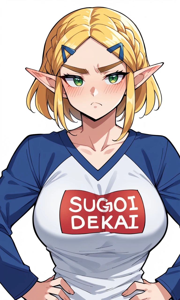 scorscore_9, score_8_up, score_7_up, score_6_up, source_anime, sugoi dekai, 1girl, pointy ears, princess zelda, raglan sleeves, short hair, green eyes, braid, blue shirt, romaji text, hair ornament, white background, blonde hair, hairclip, large breasts, clothes writing, cosplay, simple background, long sleeves, breast conscious, :t, hands on hips, collarbone, upper body, thick eyebrows, pout, parted bangs, blush, closed mouth, <lora:Sugoi Dekai-XL-V1:1>