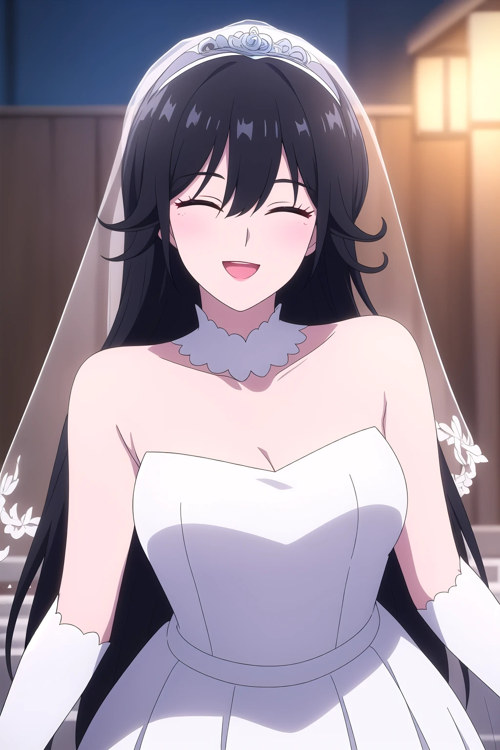 (masterpiece, best quality), highly detailed background, perfect lightingbest quality, dunalee, solo, outdoors, bridal veil, black hair, hair between eyes, very long hair, makeup, closed eyes, breasts, wedding dress, white dress, white gloves, frilled skirt, smile, open mouth, ^o^, pink lips, <lora:Duna-Lee:0.7>