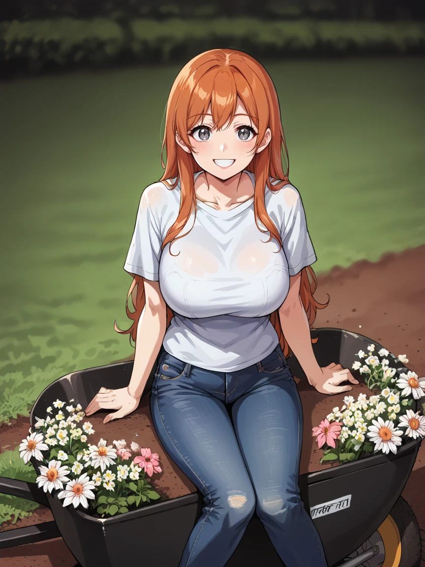 1girl, long hair, smile, <lora:Black_Magic_Steering:1> source_anime, large breasts, ginger hair, grey eyes, cel shading, <lora:gr0wXLP:0.5> dirty, flowers, gr0w, jeans, shirt, wheelbarrow, sitting