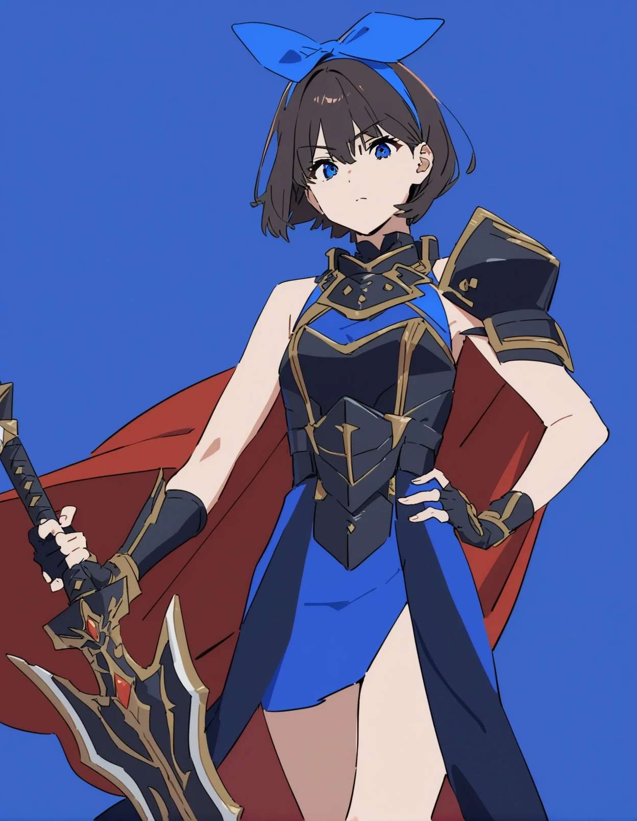 1girl,
kamo kamen,
holding weapon, holding, black hairband, holding sword, blue eyes, blue background, alternate eye color, blue dress, hand on own hip, blue bow, hairband, two-sided fabric, gloves, bow, fingerless gloves, sword, bare shoulders, armor, simple background, black armor, closed mouth, shoulder armor, sleeveless, two-sided dress, short hair, dress, crossover, black gloves, weapon, red cape, cape, sleeveless dress, hair bow,
masterpiece, best quality, newest
<lora:kamo_kamen_image373_2024-03-28_a31:1>