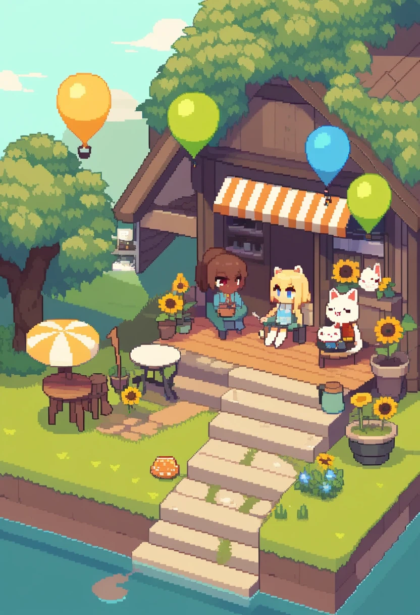 score_9,score_8_up,score_7_up,<lora:pixel_art_a3:1>,3boys,3girls,aircraft,animal_hat,animated,aviator_cap,black_cat,black_hair,blonde_hair,blue_eyes,brown_hair,bush,chair,chibi,cloud,commentary_request,crystal,cup,dark_skin,day,dollhouse_view,fishing,floating_island,frog_hat,garden,green_eyes,hot_air_balloon,industrial_pipe,isometric,outdoors,patch,pixel_art,plank,potted_plant,rabbit_ears,red_eyes,scarf,scenery,short_hair,short_ponytail,sidewalk,sign,sitting,sky,stairs,steam,sunflower,table,taxi,teapot,video,watering_can,white_cat,windmill,