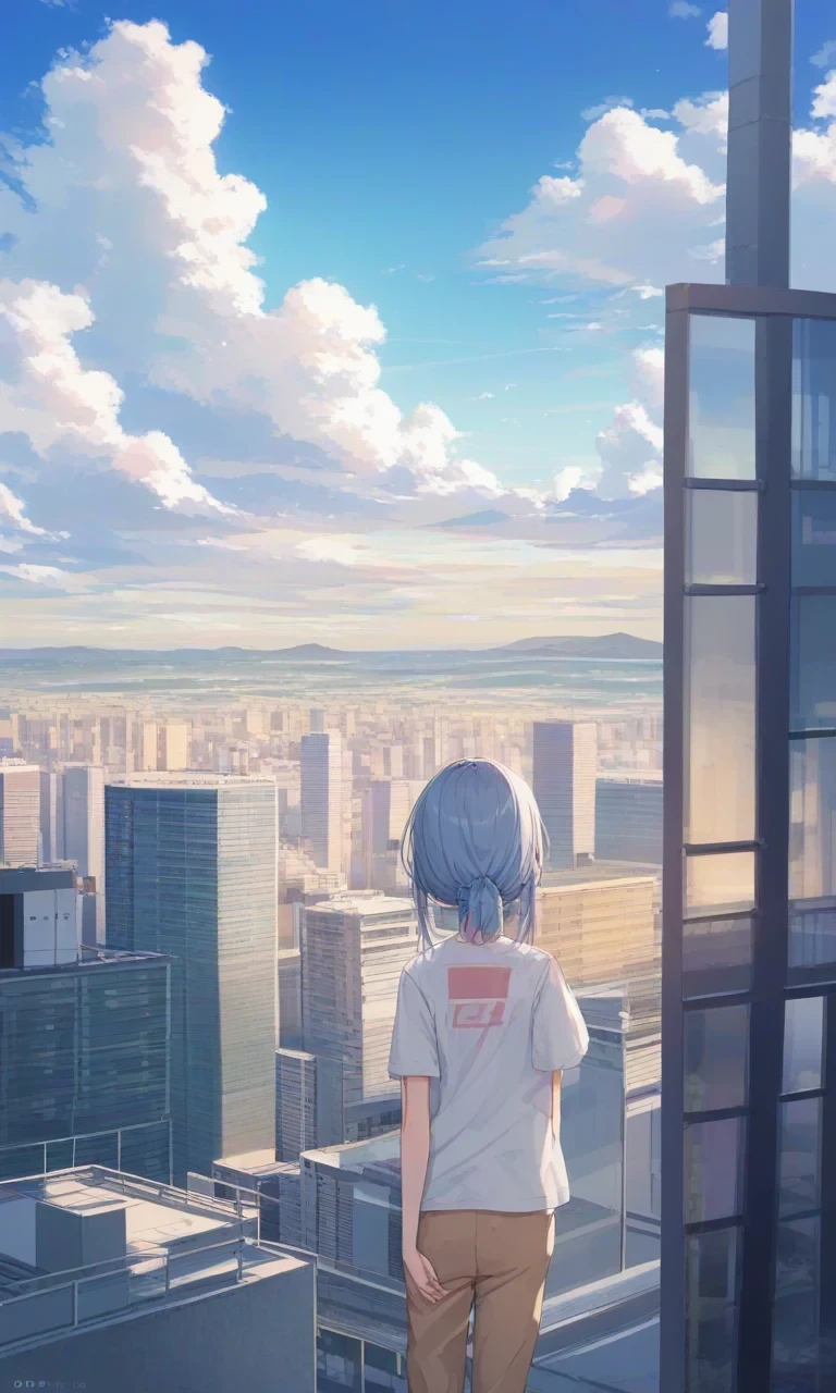 <lora:better_scenery_pony:1>1girl, original, solo, t-shirt, pants, summer, blue sky, cloud, day, outdoors, scenery, cumulonimbus cloud, from behind, cityscape