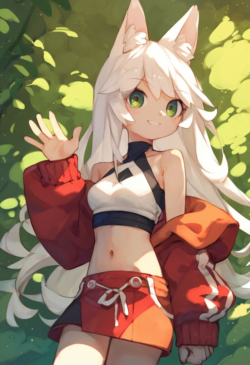 score_9, score_8_up, score_7_up, score_6_up, score_5_up,score_4_up,lvzi,1girl,solo,green eyes,smile,:d,long hair,white hair,animal ears,animal ear fluff,eyebrows visible through hair,medium breasts,navel,bare shoulders,jacket,off shoulder,midriff,skirt,hand up,waving,cropped legs, <lora:lvziXL:0.6>