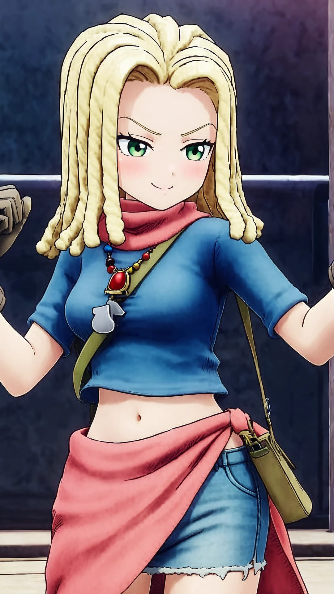 Ann, blonde hair, reggae hair style, shoulder length hair, green eyes, necklace, red scarf, blue short T-shirt, navel, blue denim short skirt, deep grey gloves, deep green bag, red sarong, brown short boots, score_9, score_8_up, score_7_up, score_6_up, score_5_up, source_anime, cowboy shot, dynamic pose, 1 girl, solo, happy smile joy, blush, ashamed, shy, sexy, charming, alluring, seductive, enchanting, erotic<lora:EMS-369407-EMS:0.700000>