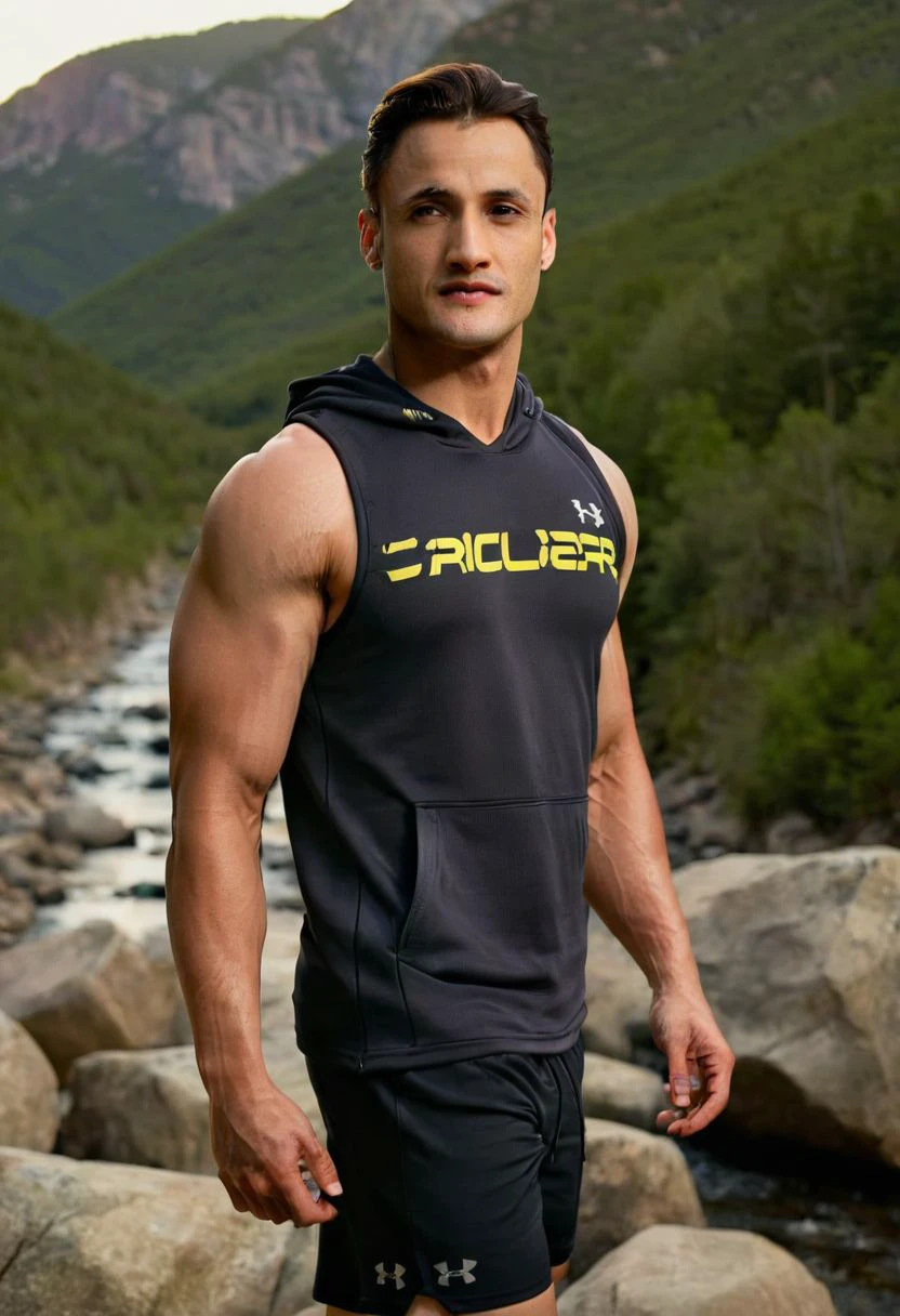 photo of Charles Melton a man <lora:asim-riaz-Charles-Melton:1>, wearing a sleeveless well-fitted under armour hoodie and compression shorts, standing on a boulder, outdoor trail, 35mm photograph, film, bokeh, professional, 4k, highly detailed, creek in the background, natural lighting, golden hour