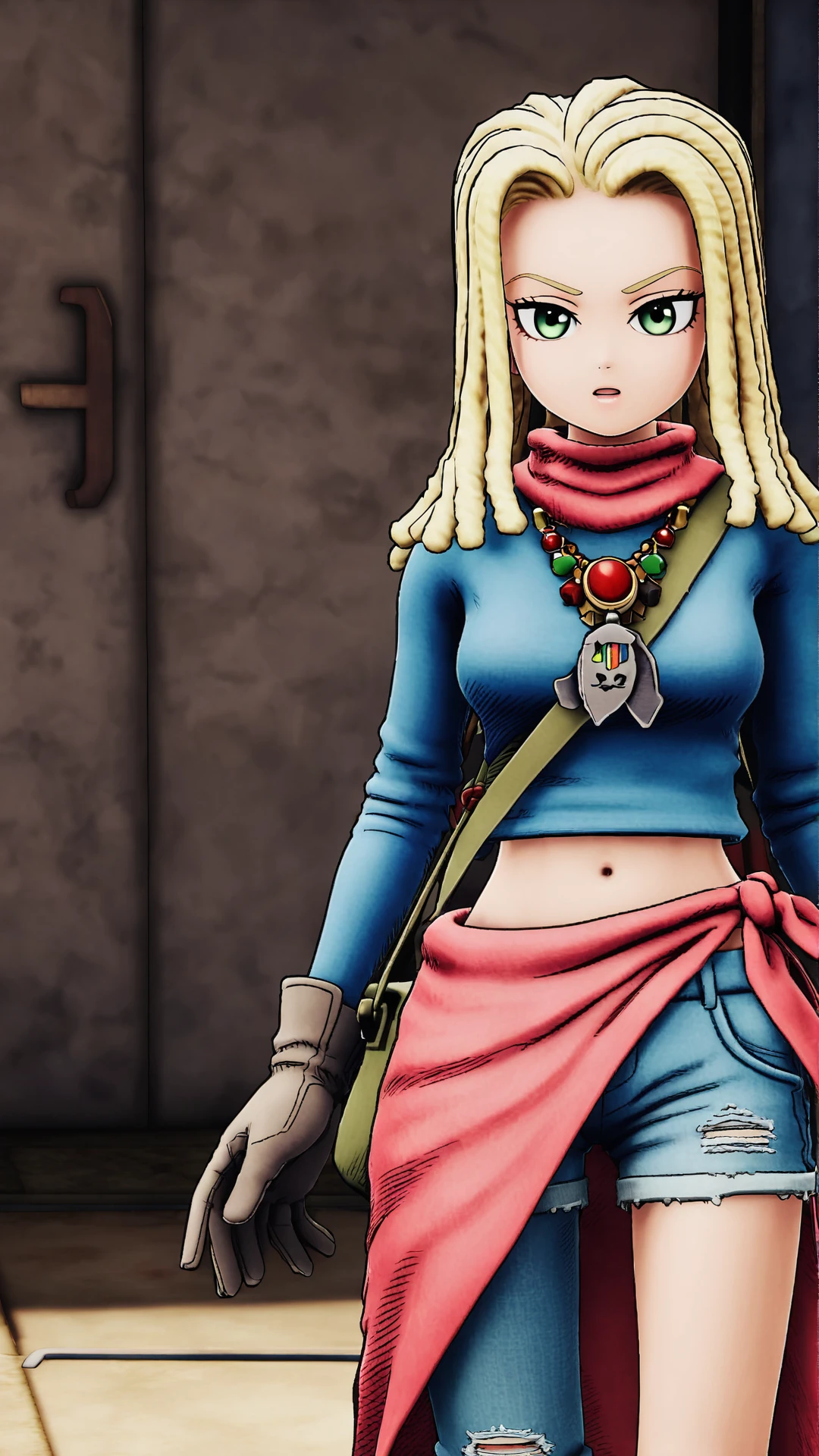 Ann, blonde hair, reggae hair style, shoulder length hair, green eyes, necklace, red scarf, blue short T-shirt, navel, blue denim short skirt, deep grey gloves, deep green bag, red sarong, brown short boots<lora:EMS-369407-EMS:0.700000>