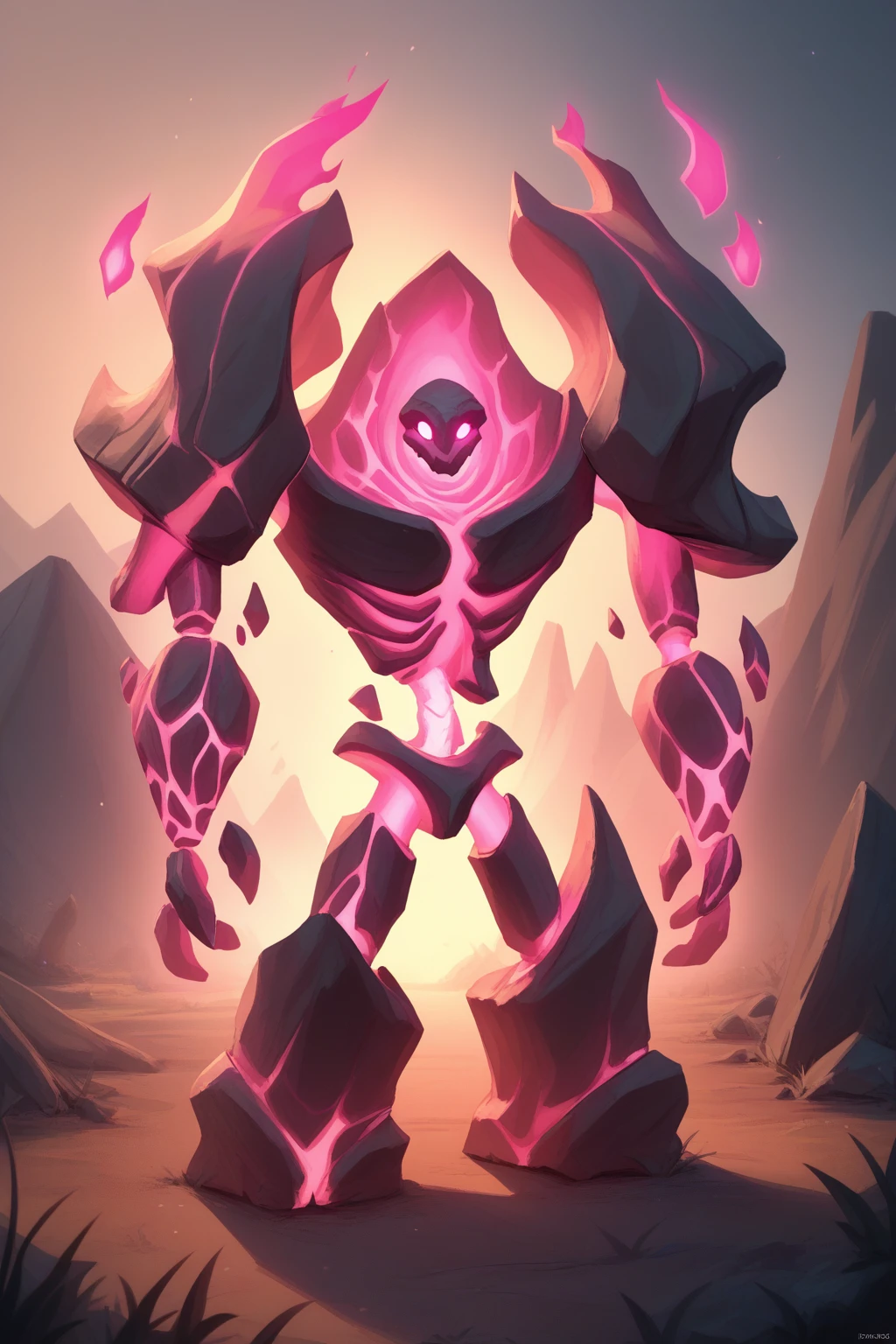 score_9, score_8_up, <lora:NSFelConstructWC3:1> NSFelConstructWC3, looking at viewer, pink eyes, standing, no humans, glowing, glowing eyes, monster made of stone, pink flames, pink glow, bones, outdoors
