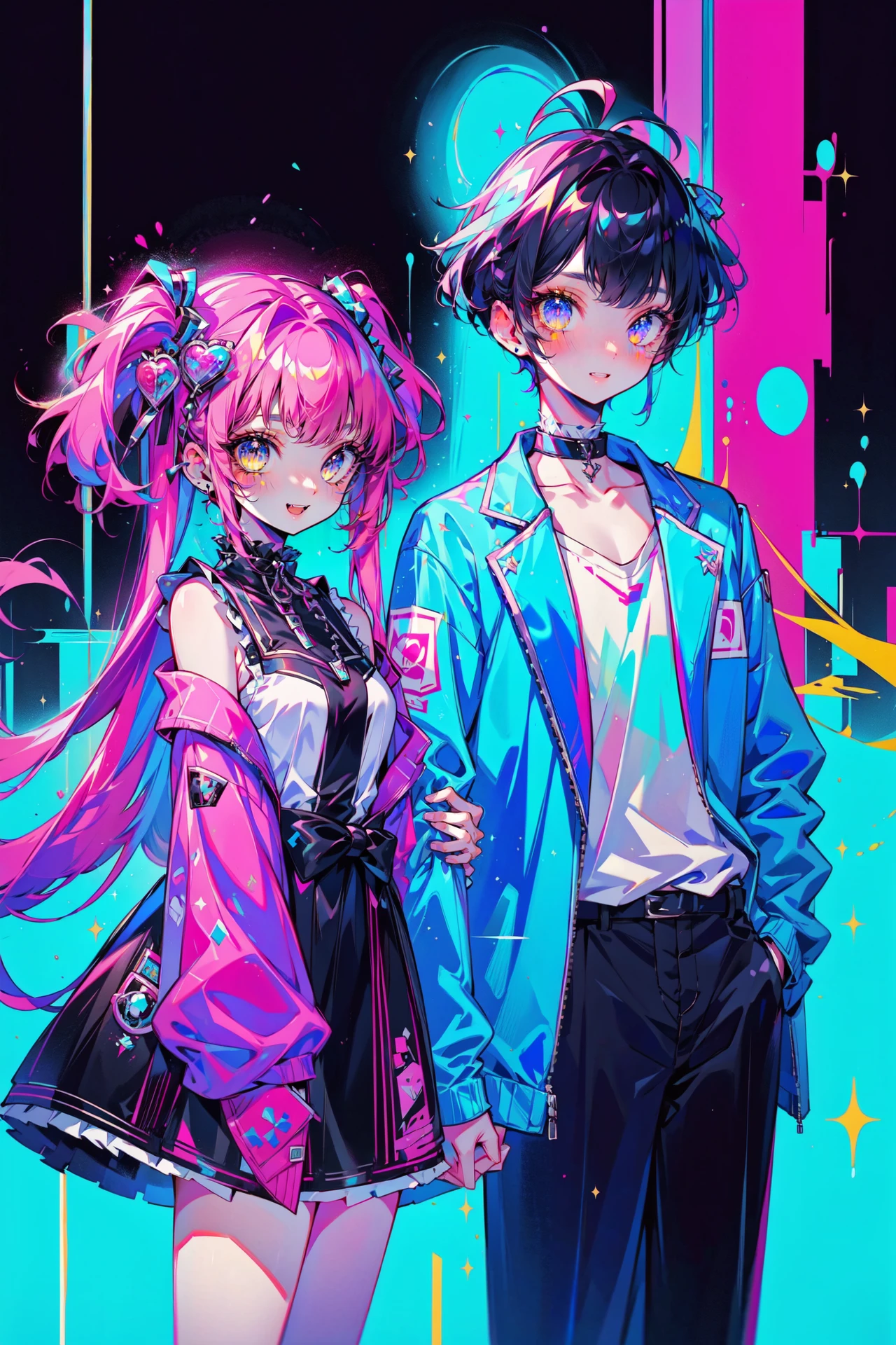 ((best quality, masterpiece, absurdres, super-resolution)), 1boy, 1girl, couple, Cyan, Magenta, Black, <lora:CMYK-CORE_v1.0:1>