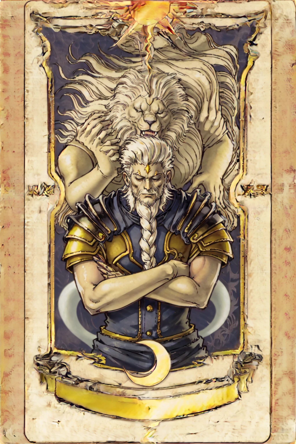 <lora:Godfrey1.0:0.7>,1boy,(ghost lion:1.2),lion,hand on another's shoulder,claws,
armor,closed eyes,crossed arms,
masterpiece,best quality,ultimate details,highres,8k,wallpaper,extremely clear,<lora:ClowCard4:1>,