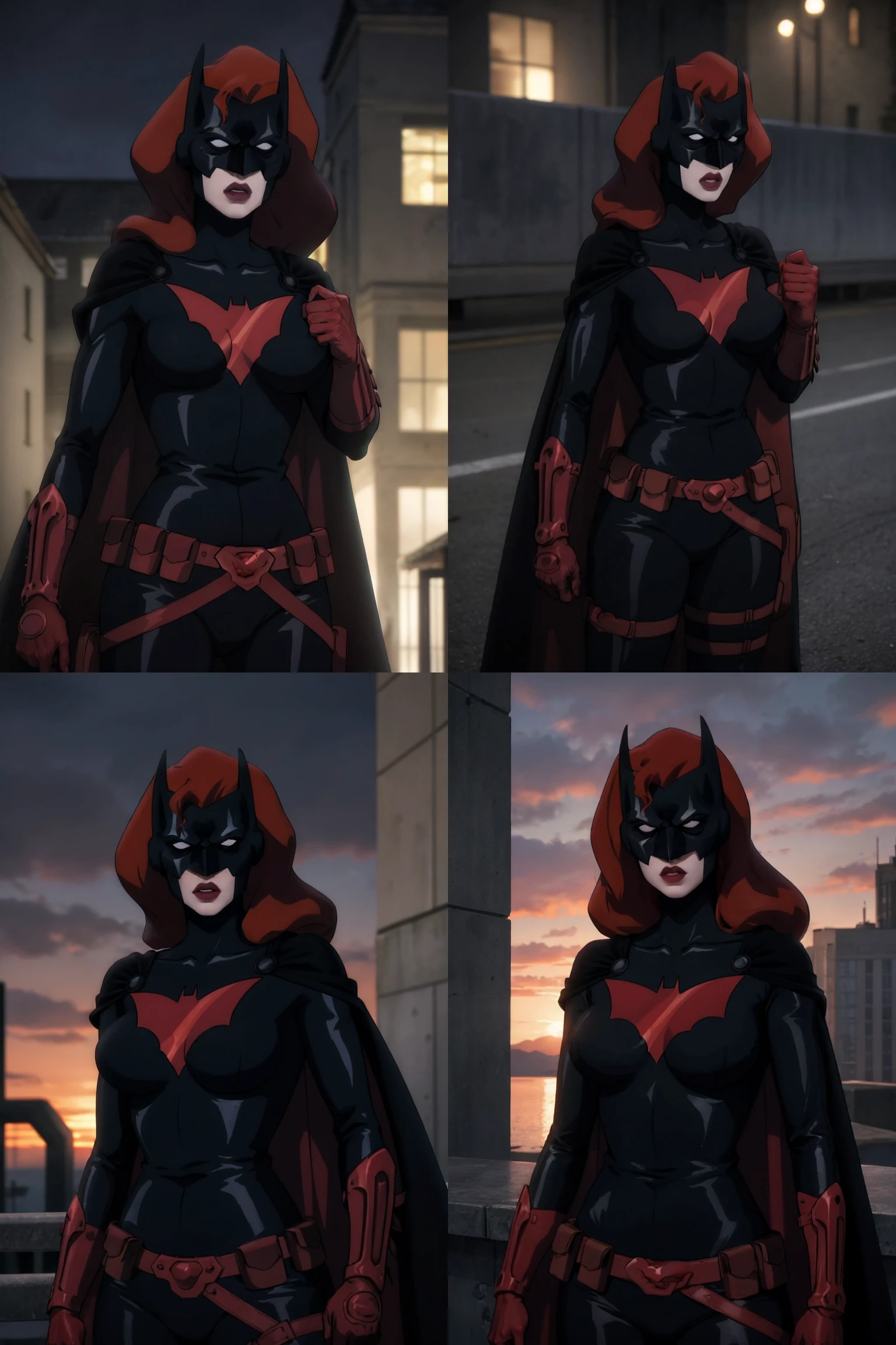 masterpiece, best quality, high quality, highres, twilight, sunset, upper body,
DC_batwoman_costume_ownwaifu, www.ownwaifu.com,
1girl, pale skin, white eyes, mask, breasts, long hair, lipstick, red hair, medium breasts, pouch, lips, makeup, red gloves, red lips, colored skin, large breasts,
bat print, bodysuit, cape, superhero, red gloves, gloves, belt, black bodysuit, utility belt, black cape, belt pouch, helmet, cleavage, armor, holster, belt buckle, red cape, thigh strap, red belt,
{<lora:CARTOON_DC_batwoman_bad_blood_ownwaifu-15:1> |<lora:CARTOON_DC_batwoman_bad_blood_ownwaifu-15:0.9> |<lora:CARTOON_DC_batwoman_bad_blood_ownwaifu-15:0.8> |<lora:CARTOON_DC_batwoman_bad_blood_ownwaifu-15:0.7> }