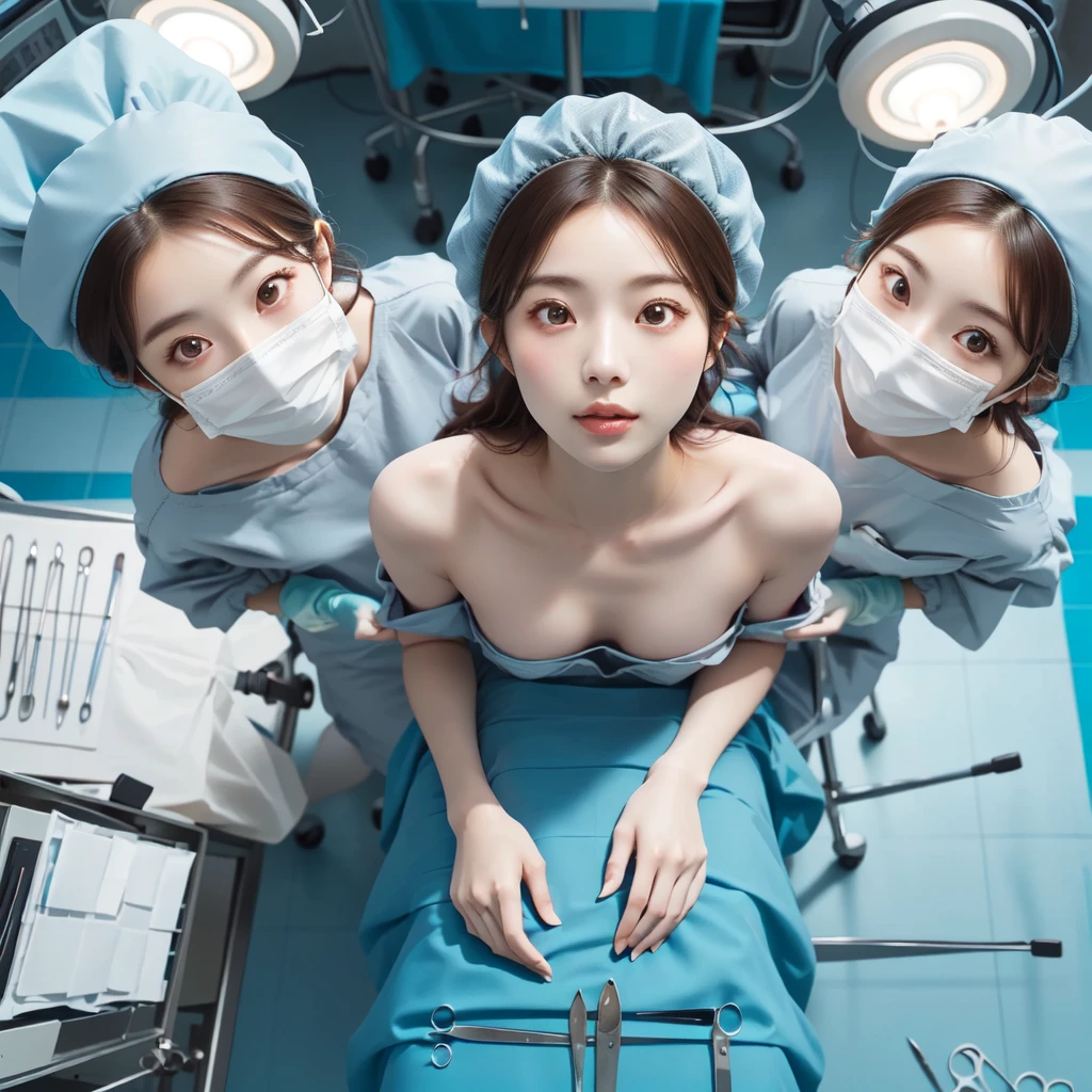 (RAW photo, best quality),  1girl,  view from above, 
operating room, operating table,  multiple girls, surgical mask, surgical hat, detailed face,  (nude:0.5),
surgeons_and_patient <lora:concept_surgeon_and_patient_1_1:1>