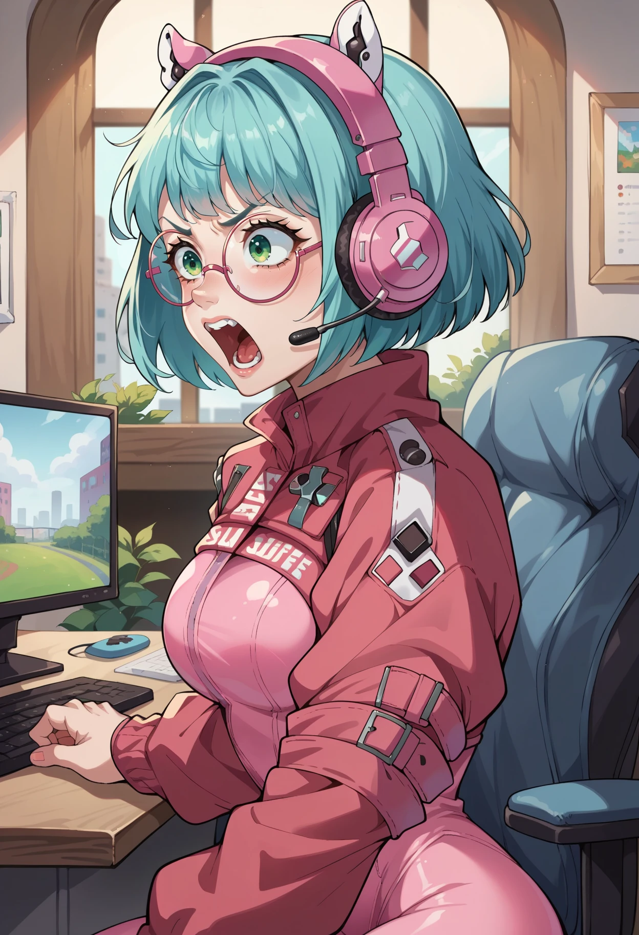 score_9, score_8_up,score_7_up, source_anime, 1girl, solo, short hair, bob cut, glasses, round eyewear, aqua hair, green eyes, <lora:EPalicebodysuit:1> EPalicebodysuit, wearing EPalicebodysuit, pink bodysuit, shrug \(clothing\), breast pocket, elbow strap, shoulder strap, multicolored gloves,animal ear headphones, indoors, sitting, desk, computer, monitor, screaming, angry, upper body, playing games, from side,