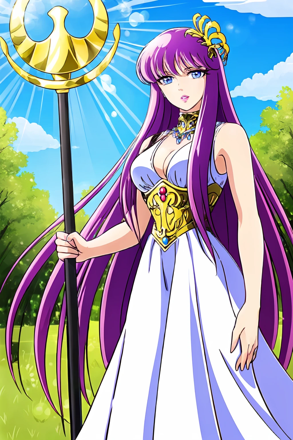 best quality, masterpiece, highres, official art, ultra detailed,
cowboy shot, outdoors, scenery, sky, cloud, ancient greece, lens flare, tree,
kido_saori, solo, saori_sleeveless_white_dress, purple hair, blue eyes, looking at viewer, long hair, bangs, large breasts, parted lips, holding staff, staff_nikke, saori_accessories, hair ornament,
 <lora:kido saori5-000007:0.8>