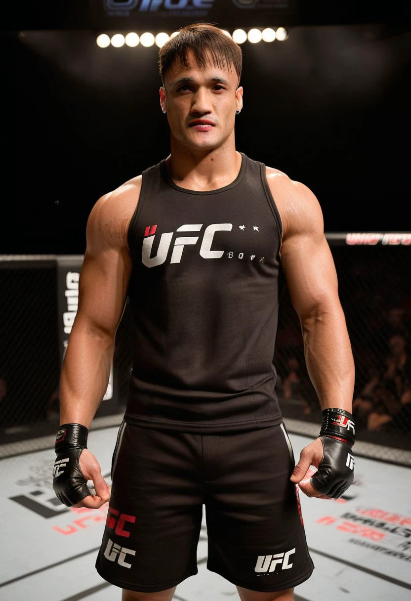 homoerotic photo of Charles Melton a man <lora:asim-riaz-Charles-Melton:1>, UFC fighting ring, cocky expression, as a UFC fighter, (black muscle shirt:1.4), Venum UFC shorts, ((full body portrait)), wide angle, ((masterpiece)), natural skin, natural body muscle definitions, adobe lightroom, photolab, intricate, highly detailed, sharp focus, insane details, intricate details, hyperdetailed, low contrast, soft cinematic light, exposure blend, dim colors, dim light, Award - winning, with Kodak Portra 800, a Hasselblad 500 ,55mm f/ 1.9 lens, extreme depth of field, available light, high contrast, Ultra HD, HDR, DTM, 8K,