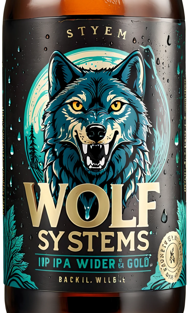 <lora:bevlabsdxl:0.9>,a beer bottle with a wolf on it, text " Wolf-Systems IPA", bevlabsdxl,  best quality, masterpiece, water droplets, logo, fancy beer, gold label